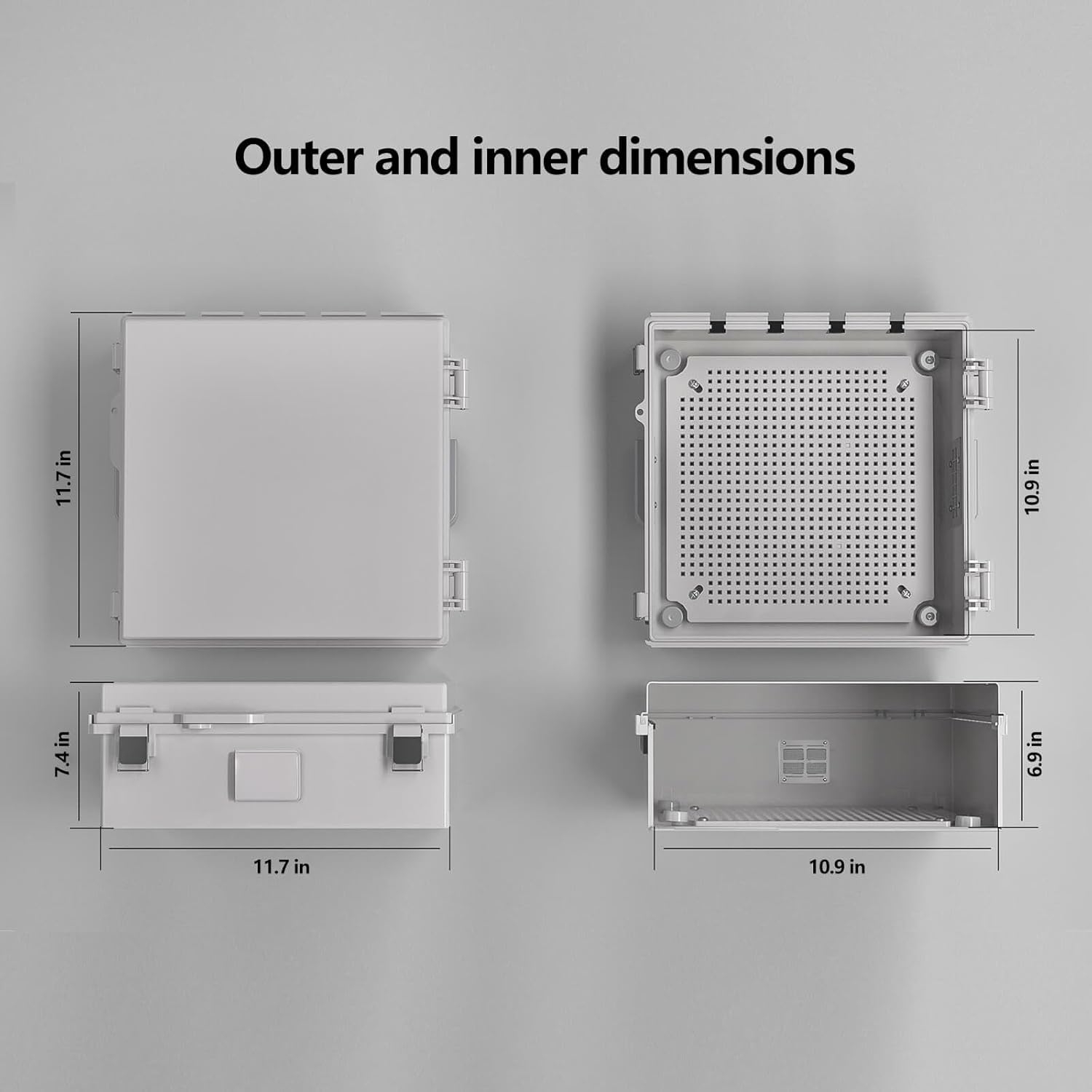 ABS Electrical Junction Box – IP65 Waterproof, Ventilated Design, Cable Grommets, With Mounting Panel – 15.5 X 11.5 X 6.2 In, Grey