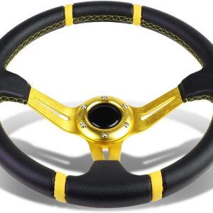 DNA MOTORING 350mm Racing Steering Wheel + Horn Button, 6-Bolt Aluminum Frame Vinyl Leather Cover Car Sport Steering Wheel, Gold Spoke/Gold Stripe, SW-ZTL-9043-GD-GD