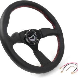 14inch Black Leather Steering Wheel, Universal Sports Car Racing for Race/Rally/Motorsport/Car Sim Driving