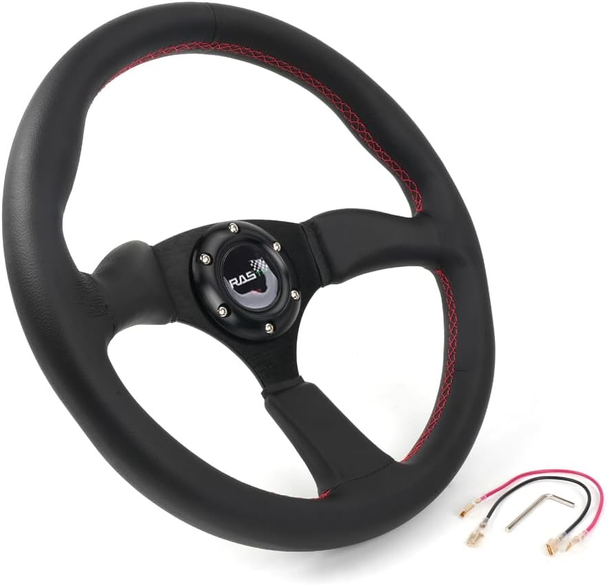 14inch Black Leather Steering Wheel, Universal Sports Car Racing for Race/Rally/Motorsport/Car Sim Driving
