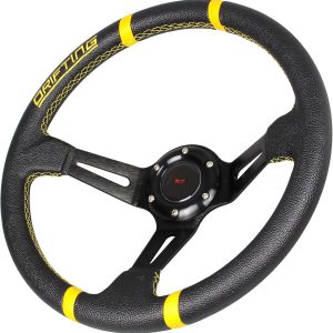 Drifting 350mm Steering Wheel – Yellow Leather Embroidery 6 Bolts Deep Dish Steering Wheel -13.8”Racing