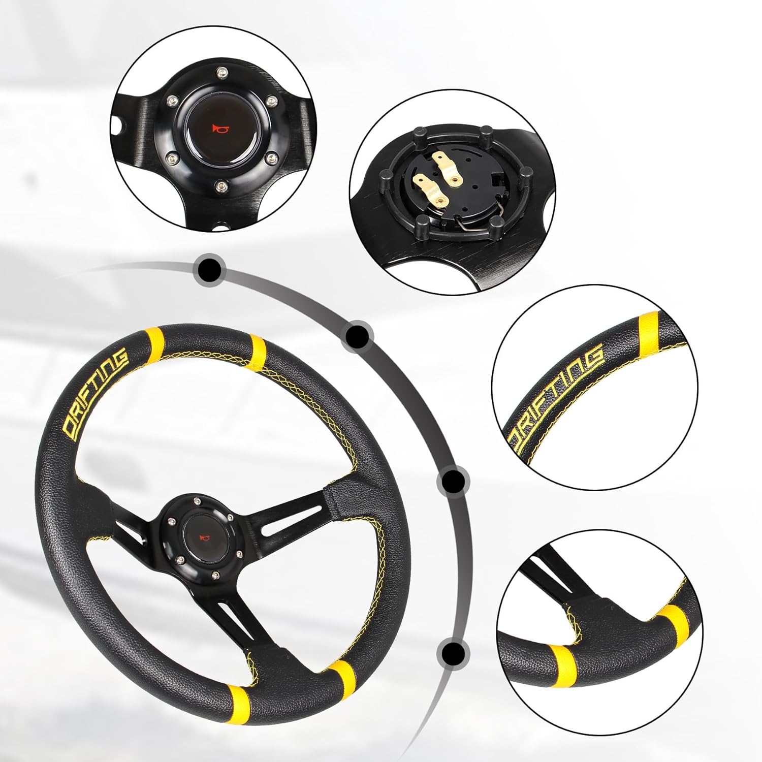 Drifting 350mm Steering Wheel - Yellow Leather Embroidery 6 Bolts Deep Dish Steering Wheel -13.8''Racing - Image 4