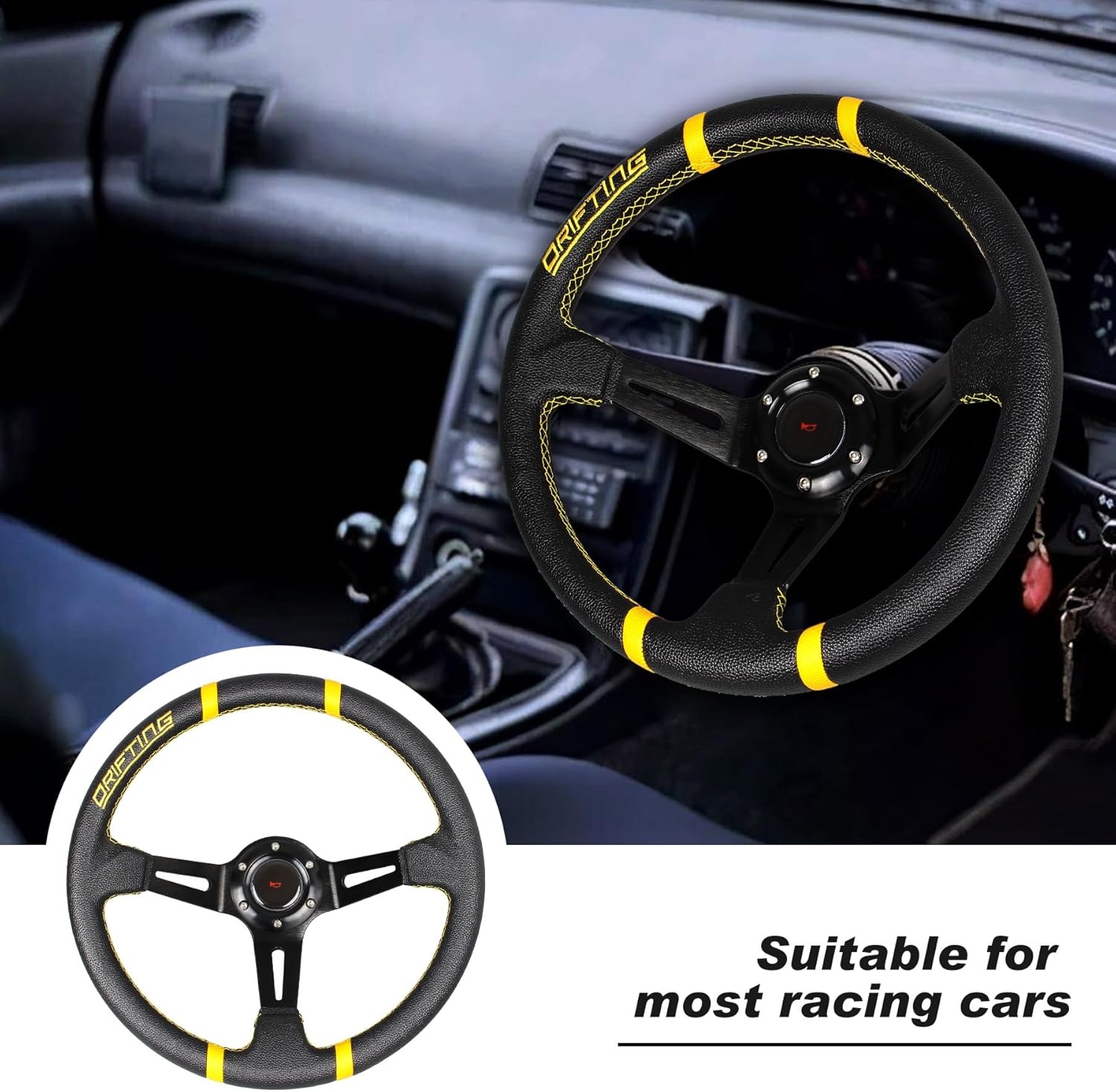 Drifting 350mm Steering Wheel - Yellow Leather Embroidery 6 Bolts Deep Dish Steering Wheel -13.8''Racing - Image 5