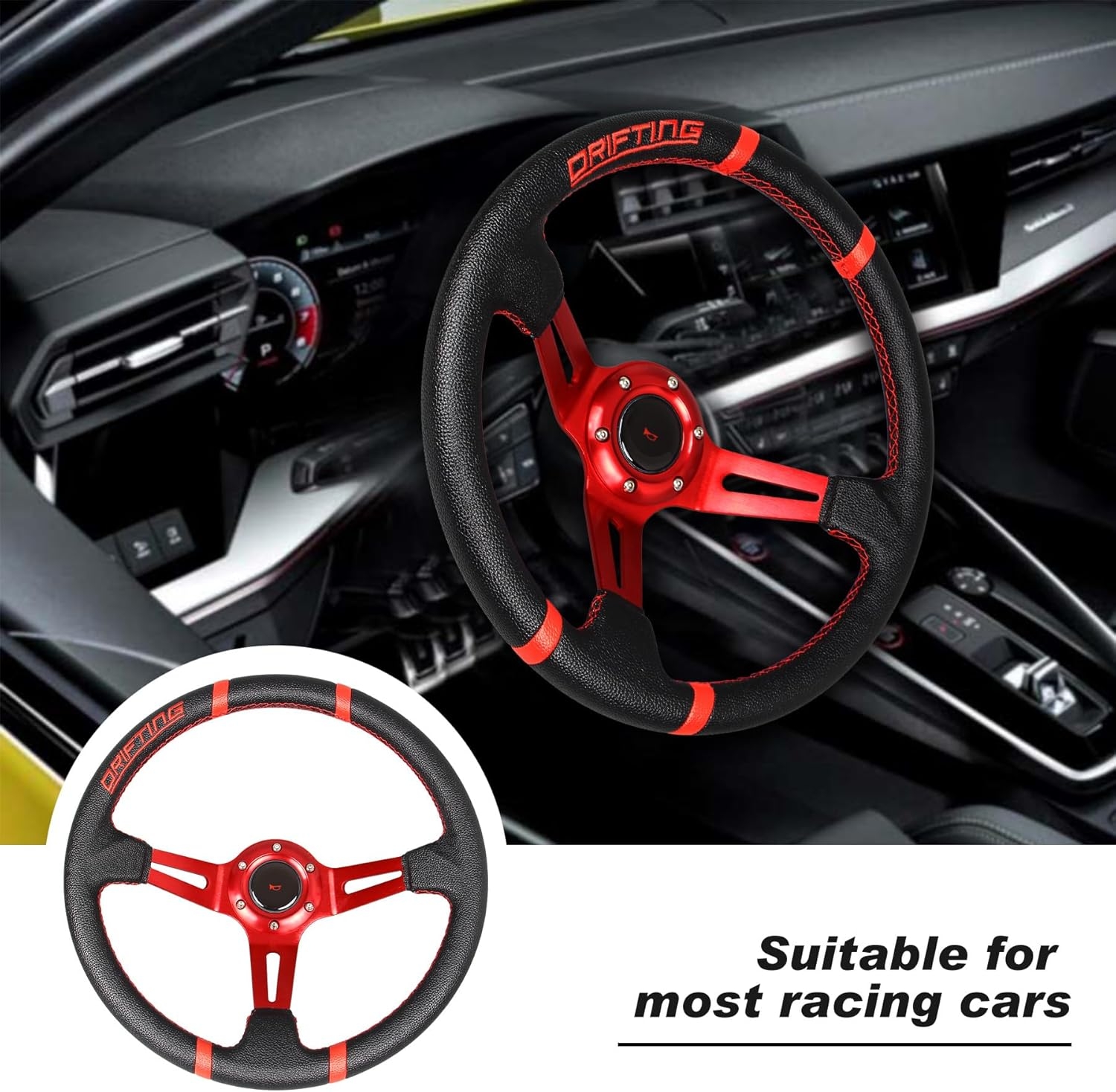 Drifting 350mm Steering Wheel - Yellow Leather Embroidery 6 Bolts Deep Dish Steering Wheel -13.8''Racing - Image 12