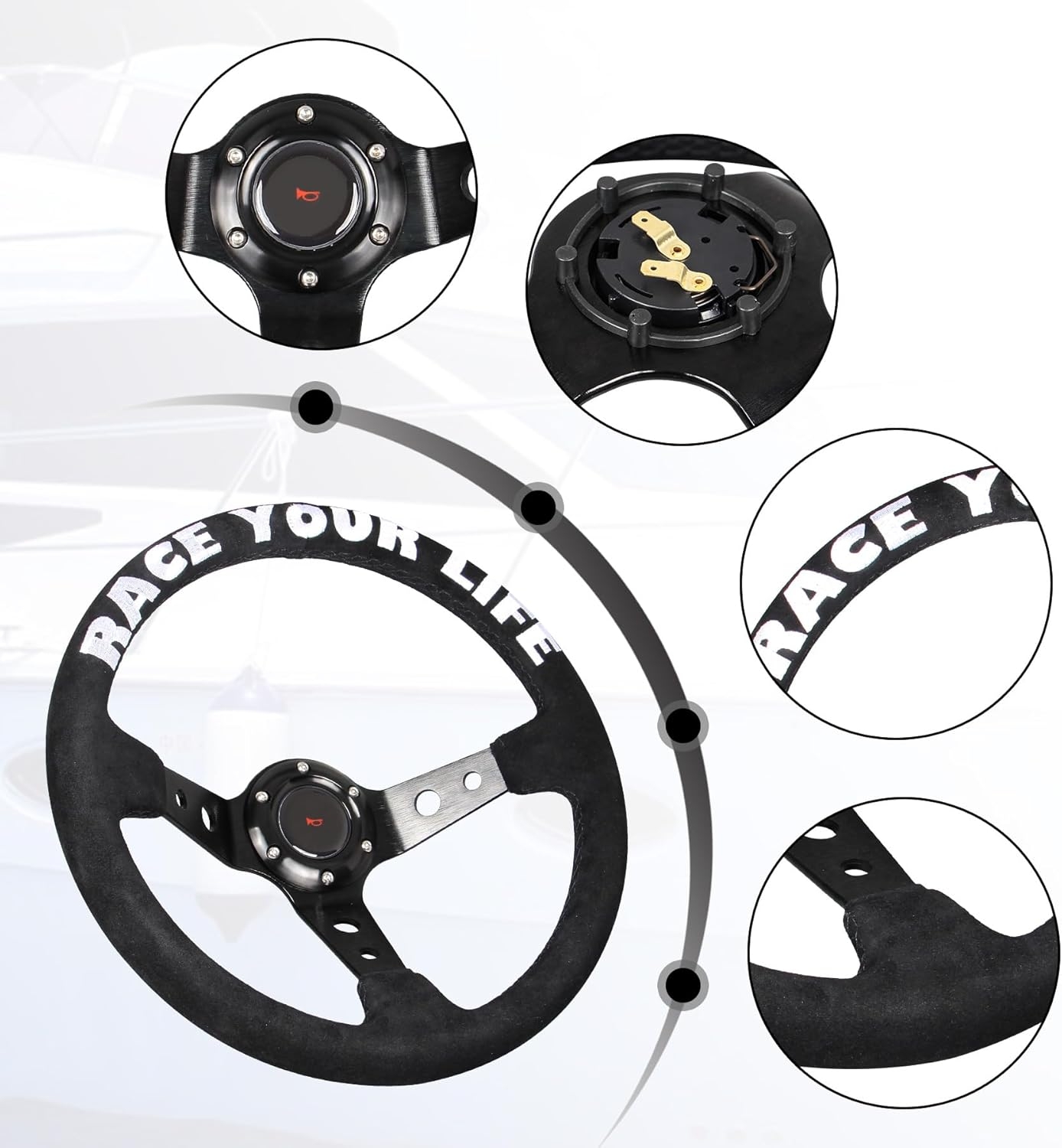 Drifting 350mm Steering Wheel - Yellow Leather Embroidery 6 Bolts Deep Dish Steering Wheel -13.8''Racing - Image 25