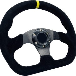D-Shaped Steering Wheel 325mm Yellow Stripe Flat Drift Sim Race Steering Wheel Suede Leather with Black Stitch and Horn Button 13″