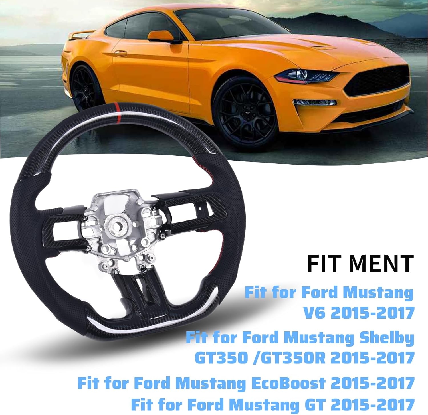 Carbon Fiber Mustang Steering Wheel - EcoBoost/GT/Shelby GT350/GT350R 2015-2017, D-shaped Flat-bottom Nappa Perforated Leather Grip with Replacement Trim - Image 2
