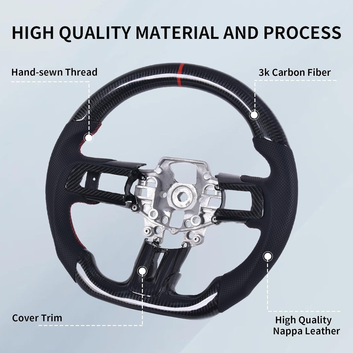 Carbon Fiber Mustang Steering Wheel - EcoBoost/GT/Shelby GT350/GT350R 2015-2017, D-shaped Flat-bottom Nappa Perforated Leather Grip with Replacement Trim - Image 3