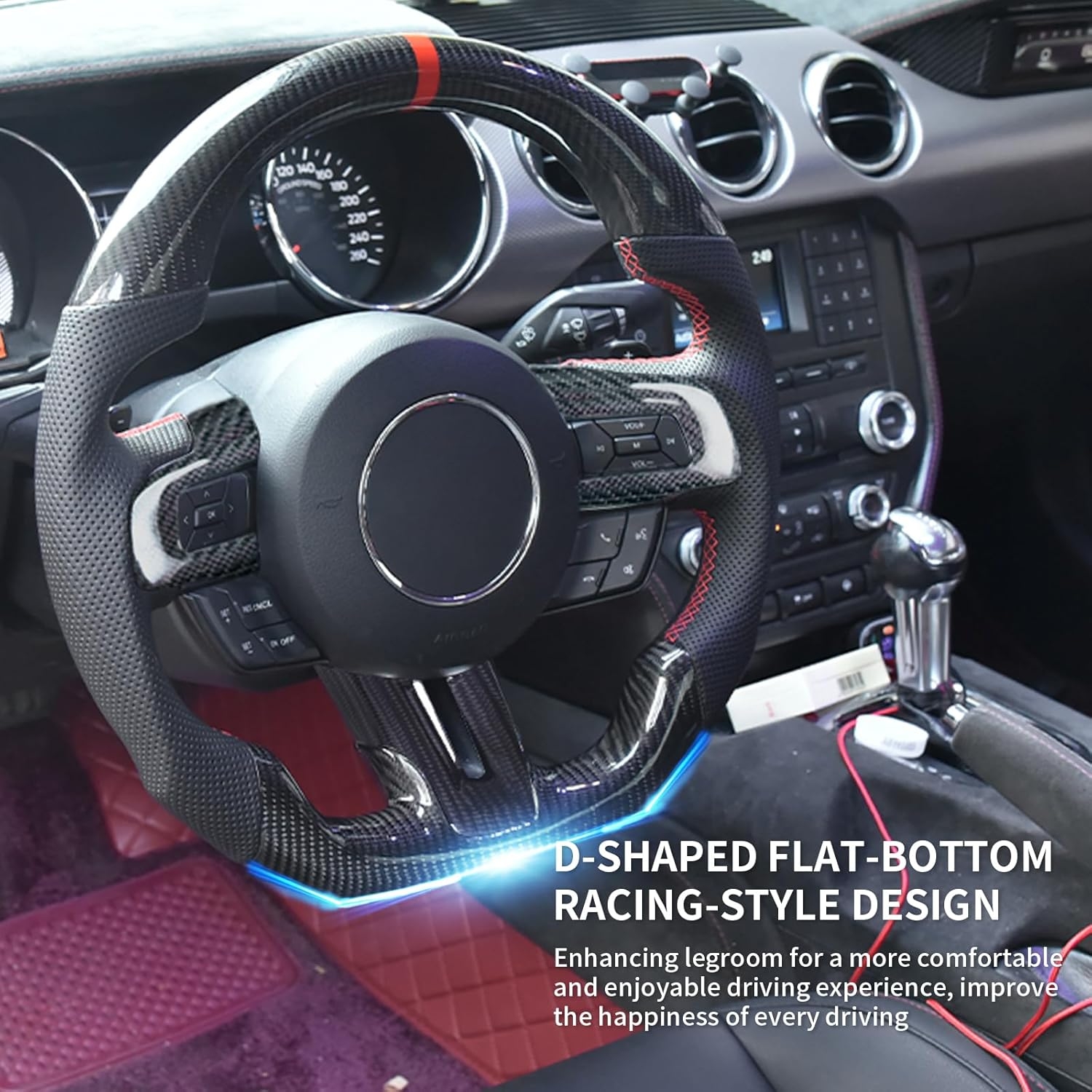 Carbon Fiber Mustang Steering Wheel - EcoBoost/GT/Shelby GT350/GT350R 2015-2017, D-shaped Flat-bottom Nappa Perforated Leather Grip with Replacement Trim - Image 4