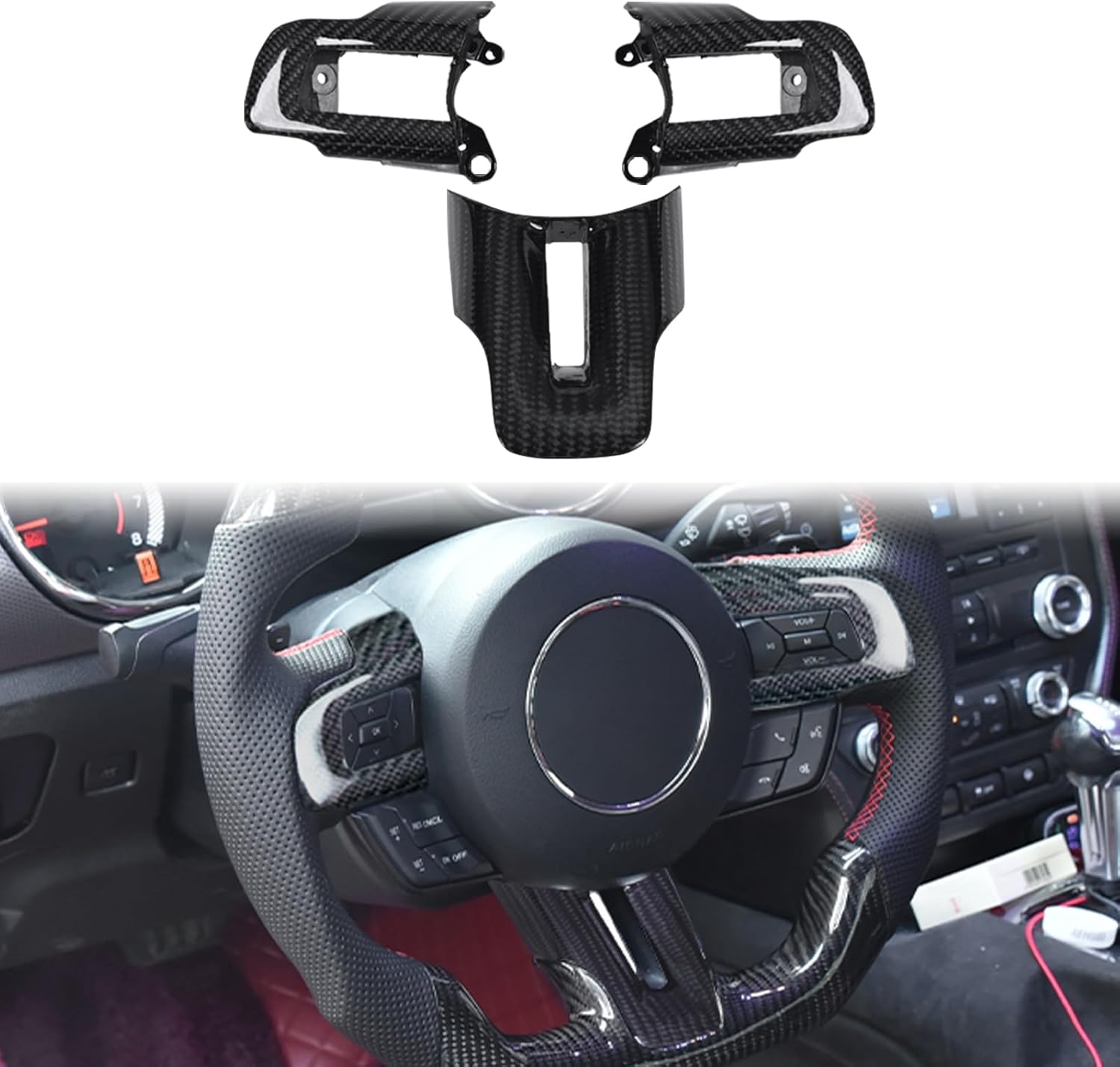 Carbon Fiber Mustang Steering Wheel - EcoBoost/GT/Shelby GT350/GT350R 2015-2017, D-shaped Flat-bottom Nappa Perforated Leather Grip with Replacement Trim - Image 6