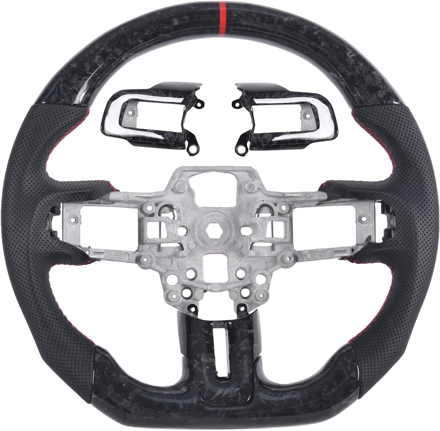 Carbon Fiber Mustang Steering Wheel - EcoBoost/GT/Shelby GT350/GT350R 2015-2017, D-shaped Flat-bottom Nappa Perforated Leather Grip with Replacement Trim - Image 8