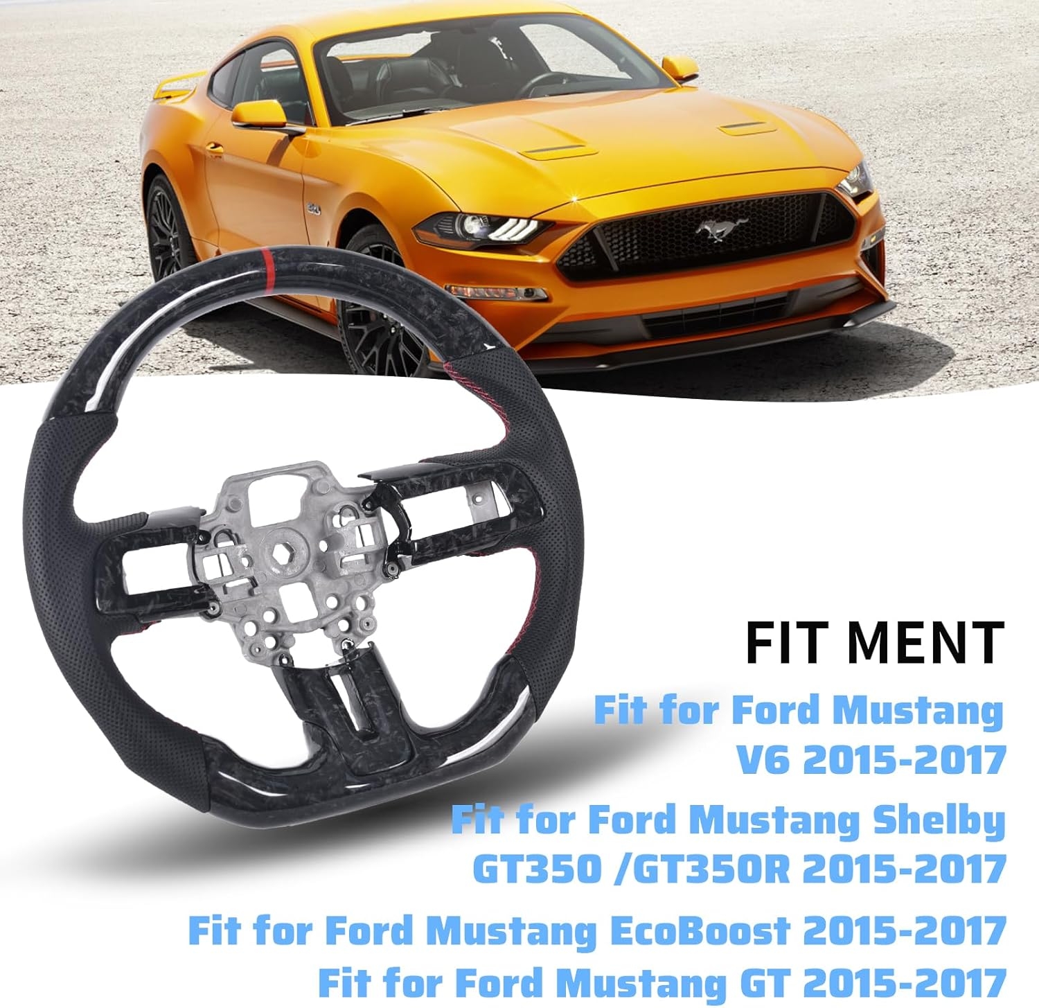 Carbon Fiber Mustang Steering Wheel - EcoBoost/GT/Shelby GT350/GT350R 2015-2017, D-shaped Flat-bottom Nappa Perforated Leather Grip with Replacement Trim - Image 9
