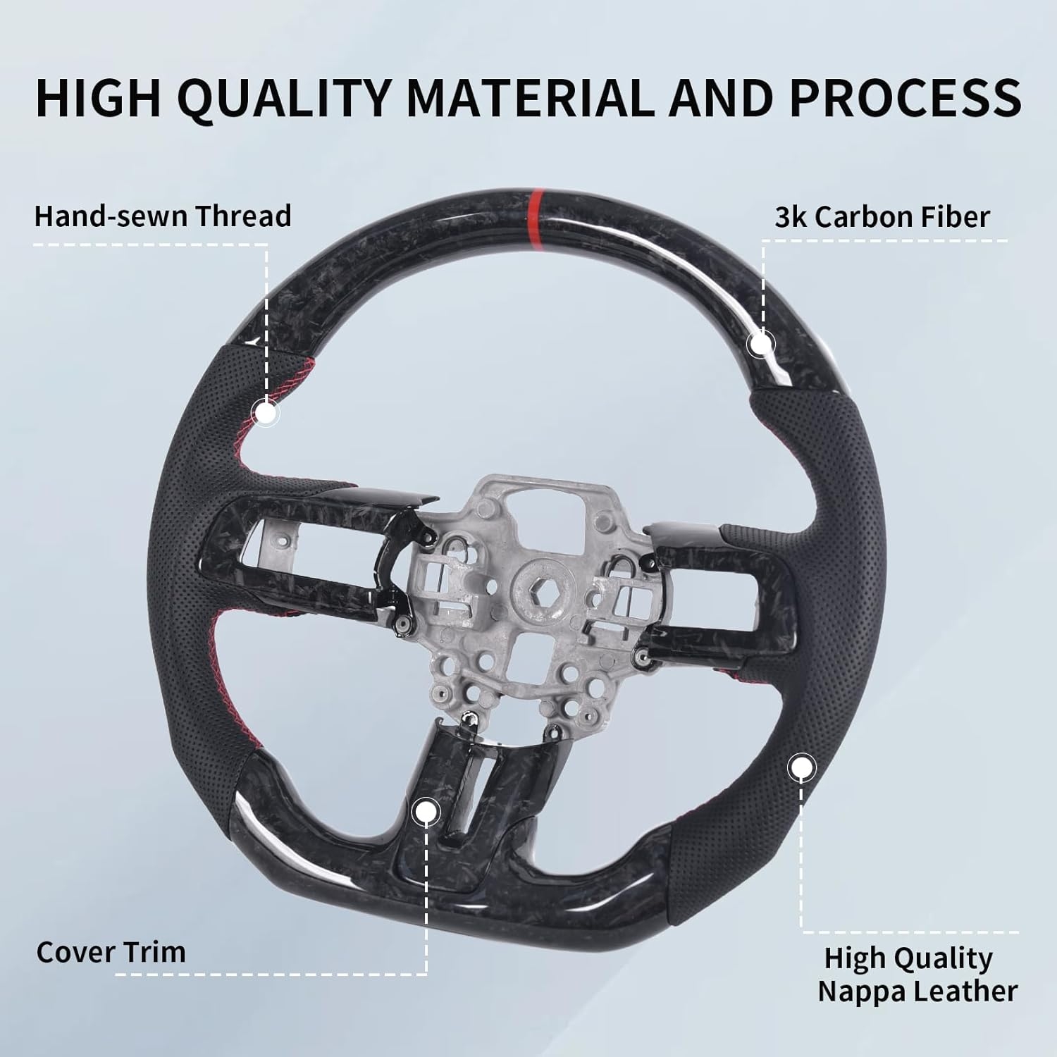 Carbon Fiber Mustang Steering Wheel - EcoBoost/GT/Shelby GT350/GT350R 2015-2017, D-shaped Flat-bottom Nappa Perforated Leather Grip with Replacement Trim - Image 10