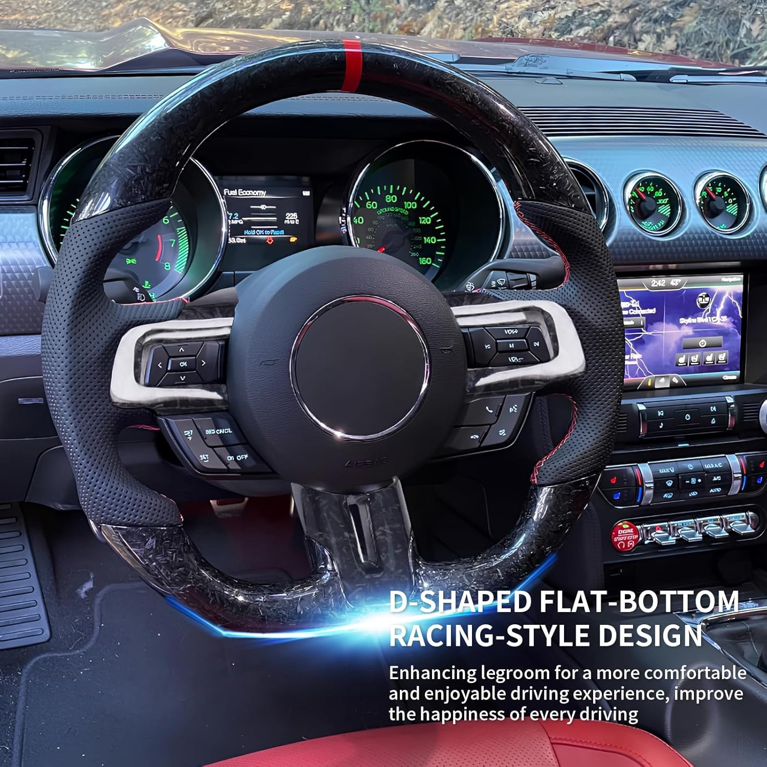Carbon Fiber Mustang Steering Wheel - EcoBoost/GT/Shelby GT350/GT350R 2015-2017, D-shaped Flat-bottom Nappa Perforated Leather Grip with Replacement Trim - Image 11