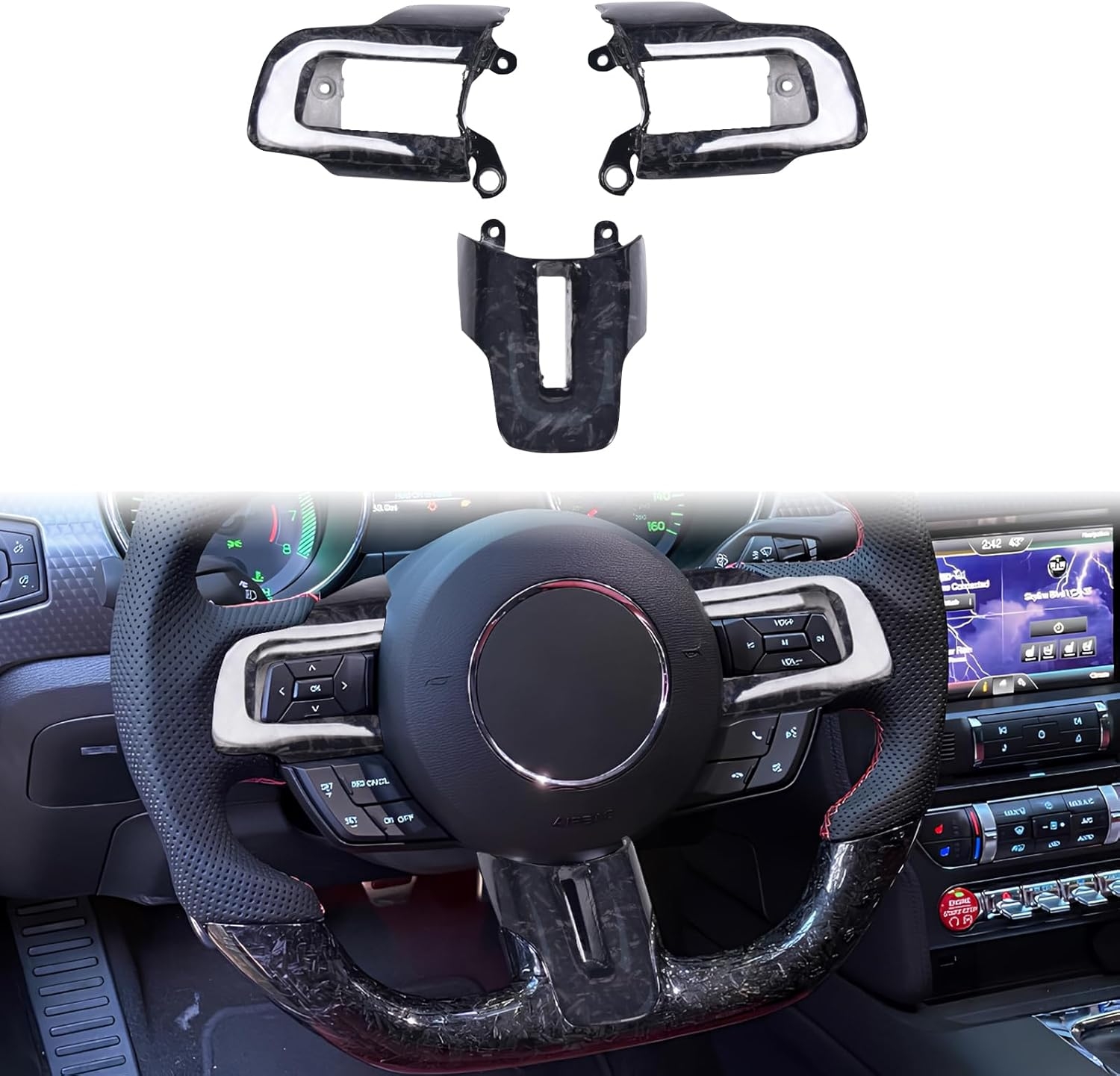 Carbon Fiber Mustang Steering Wheel - EcoBoost/GT/Shelby GT350/GT350R 2015-2017, D-shaped Flat-bottom Nappa Perforated Leather Grip with Replacement Trim - Image 13