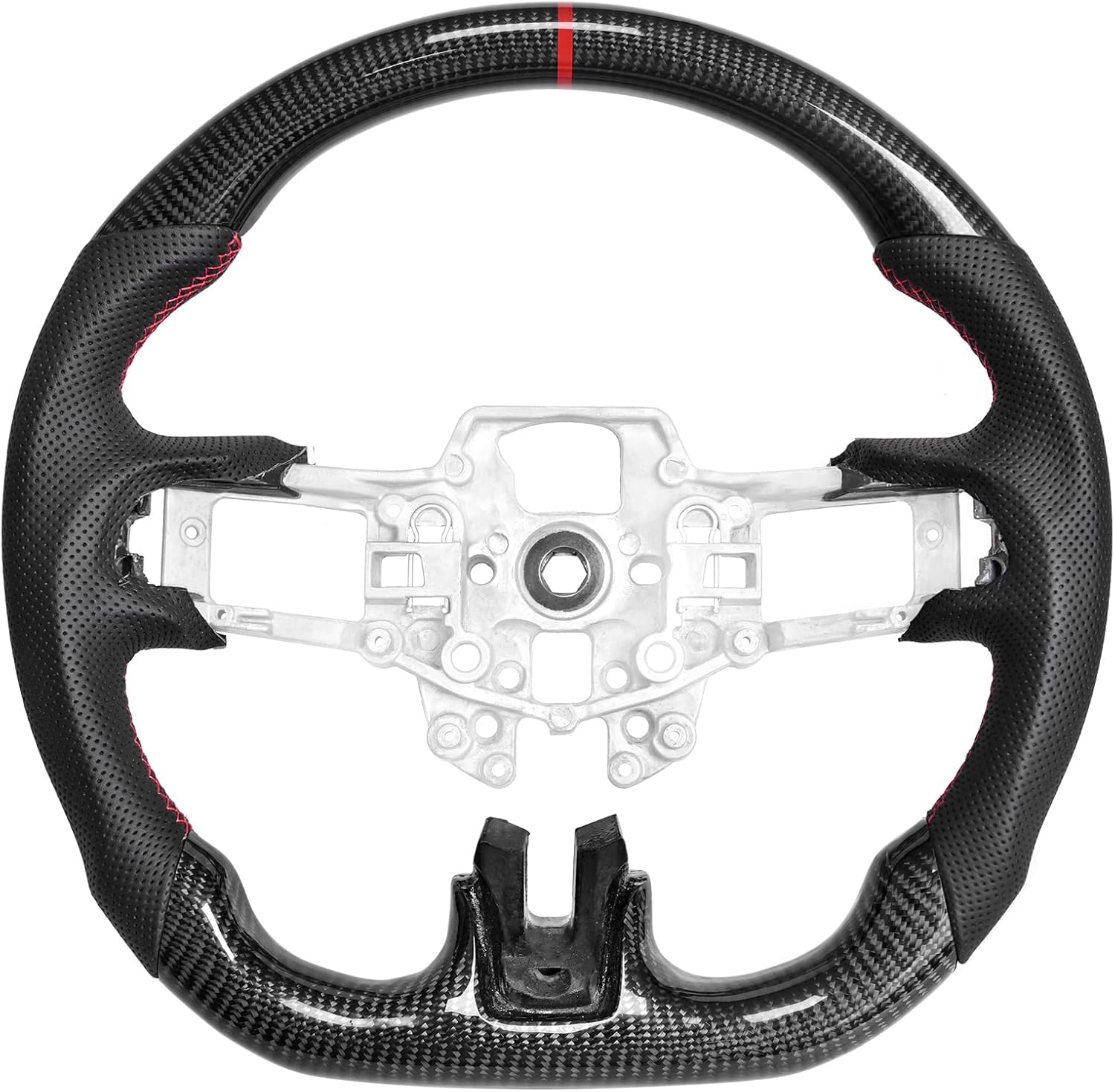 Carbon Fiber Mustang Steering Wheel - EcoBoost/GT/Shelby GT350/GT350R 2015-2017, D-shaped Flat-bottom Nappa Perforated Leather Grip with Replacement Trim - Image 14