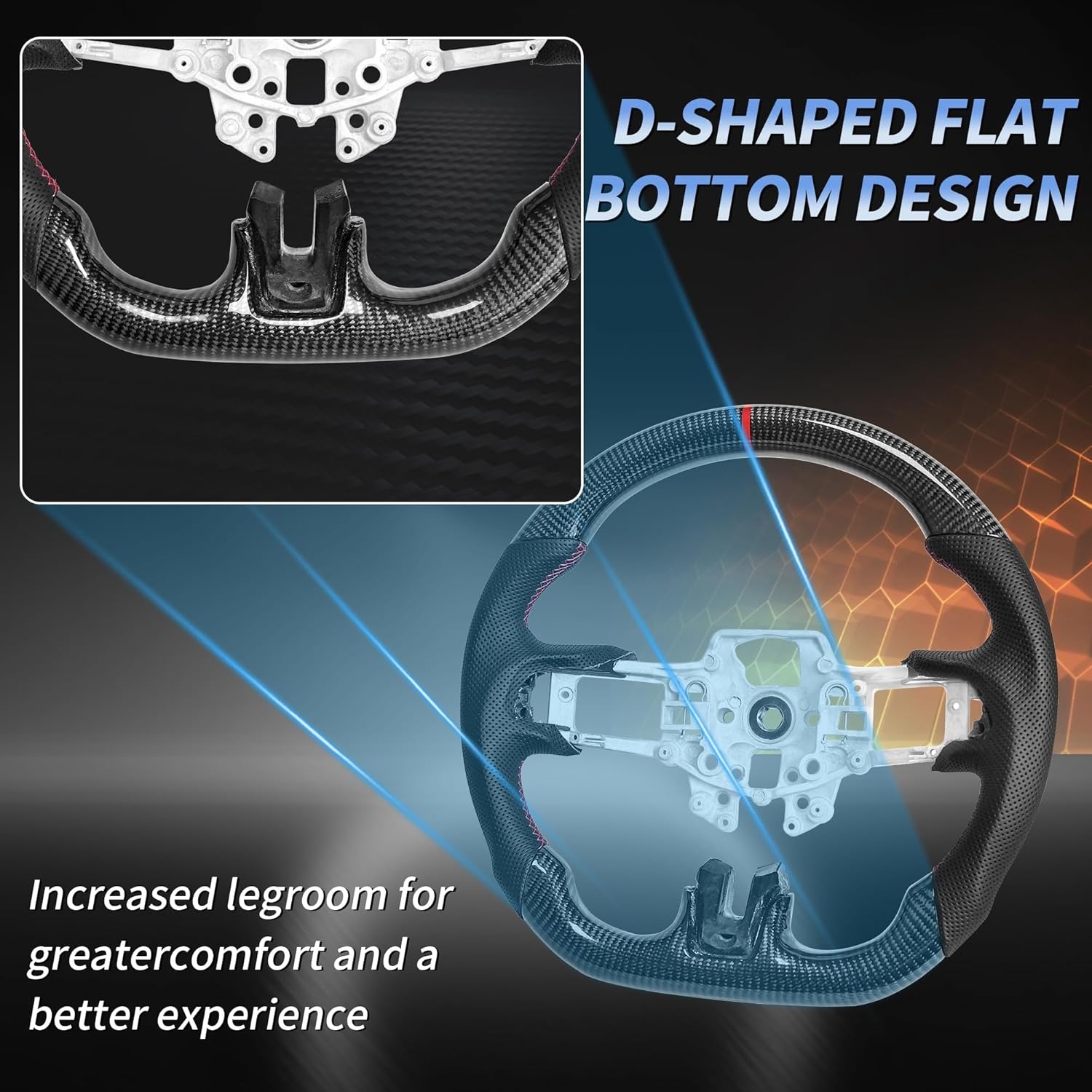 Carbon Fiber Mustang Steering Wheel - EcoBoost/GT/Shelby GT350/GT350R 2015-2017, D-shaped Flat-bottom Nappa Perforated Leather Grip with Replacement Trim - Image 17