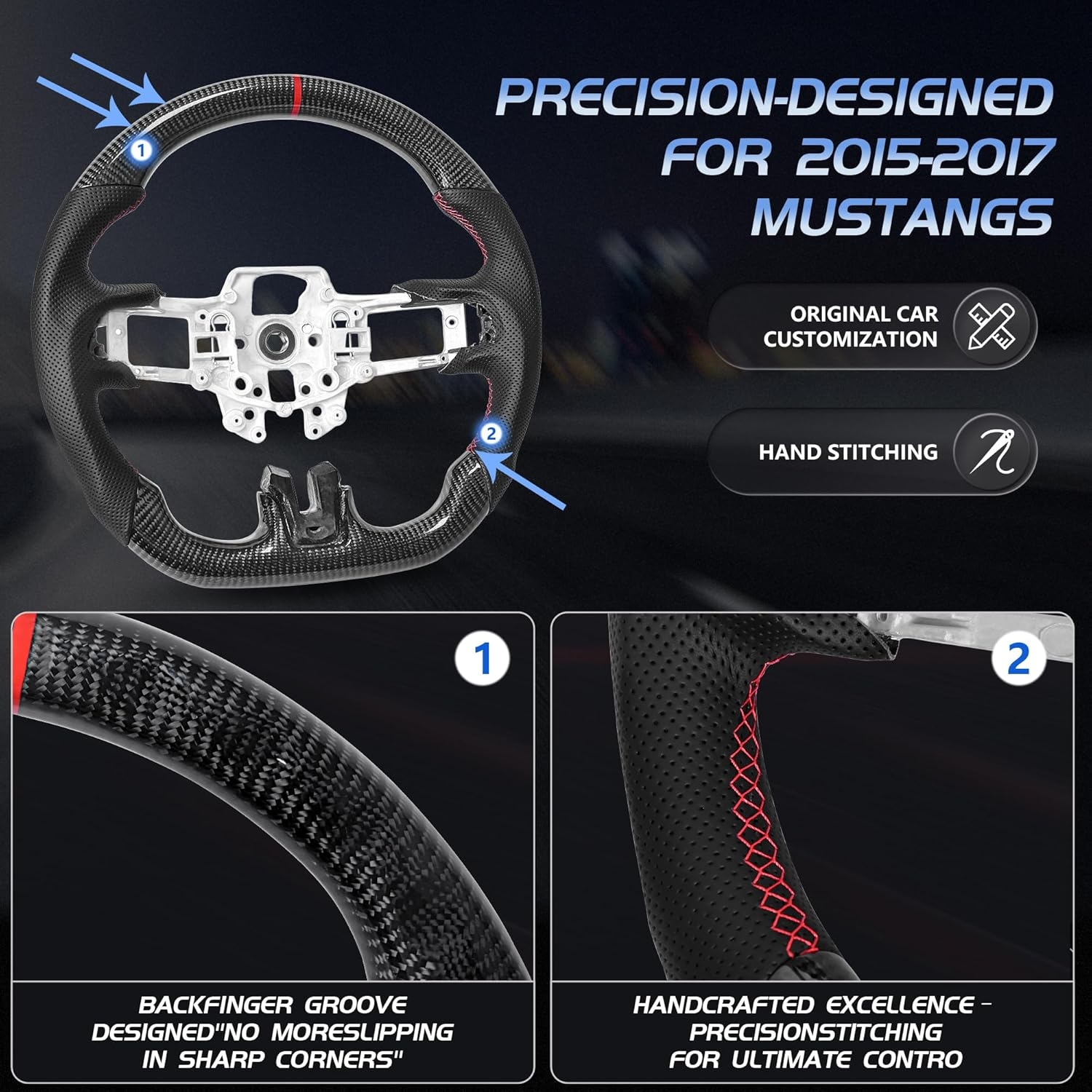 Carbon Fiber Mustang Steering Wheel - EcoBoost/GT/Shelby GT350/GT350R 2015-2017, D-shaped Flat-bottom Nappa Perforated Leather Grip with Replacement Trim - Image 18