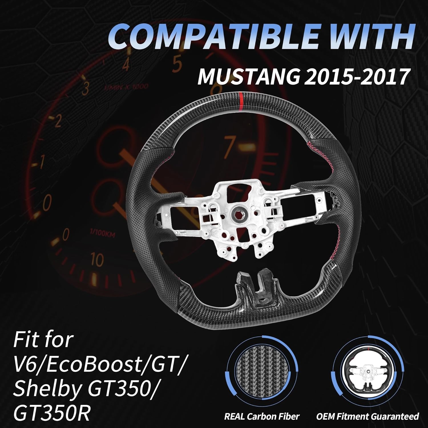 Carbon Fiber Mustang Steering Wheel - EcoBoost/GT/Shelby GT350/GT350R 2015-2017, D-shaped Flat-bottom Nappa Perforated Leather Grip with Replacement Trim - Image 19