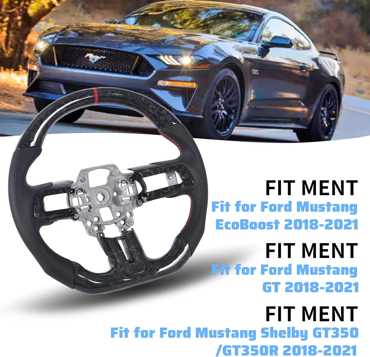 Carbon Fiber Mustang Steering Wheel - EcoBoost/GT/Shelby GT350/GT350R 2015-2017, D-shaped Flat-bottom Nappa Perforated Leather Grip with Replacement Trim - Image 23