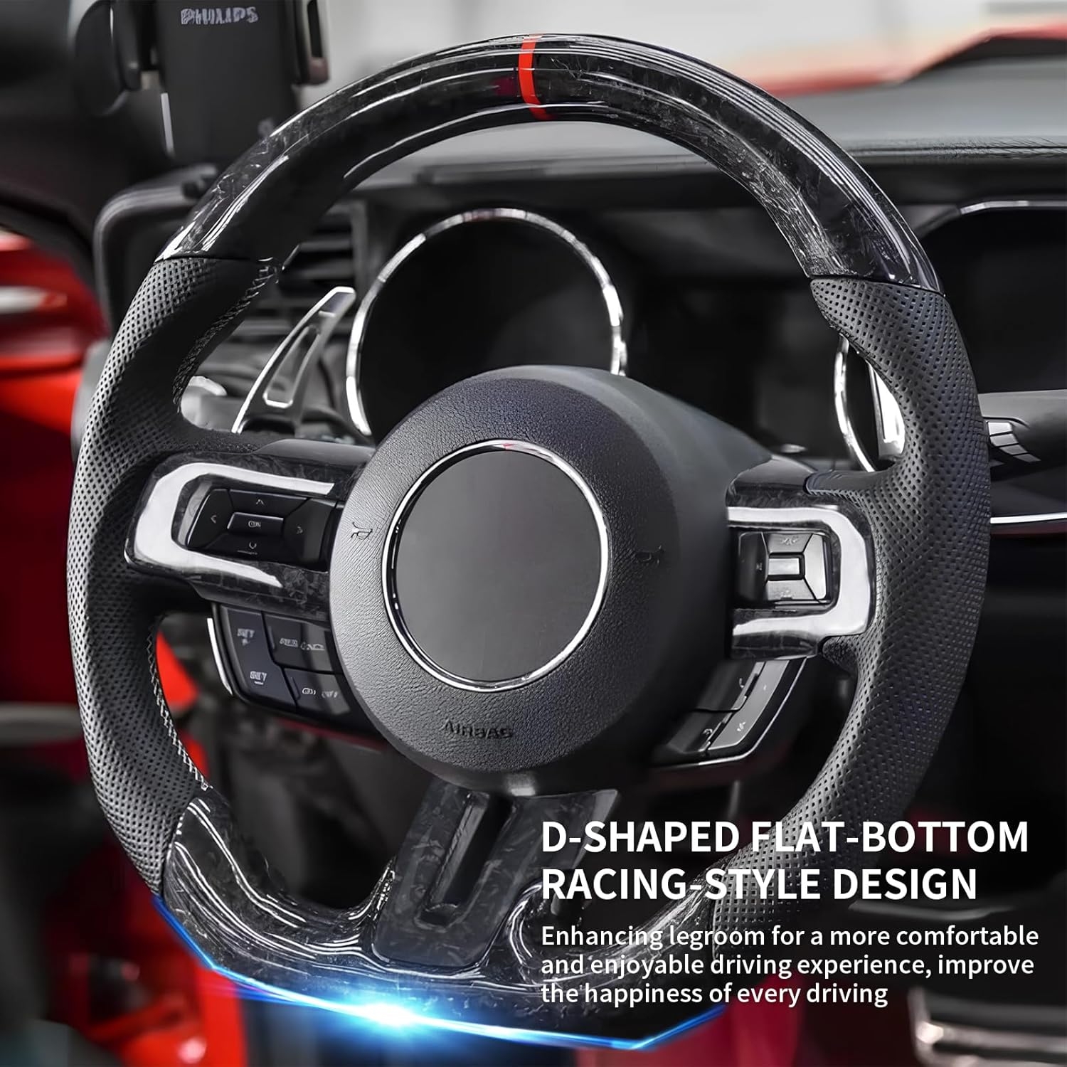 Carbon Fiber Mustang Steering Wheel - EcoBoost/GT/Shelby GT350/GT350R 2015-2017, D-shaped Flat-bottom Nappa Perforated Leather Grip with Replacement Trim - Image 24
