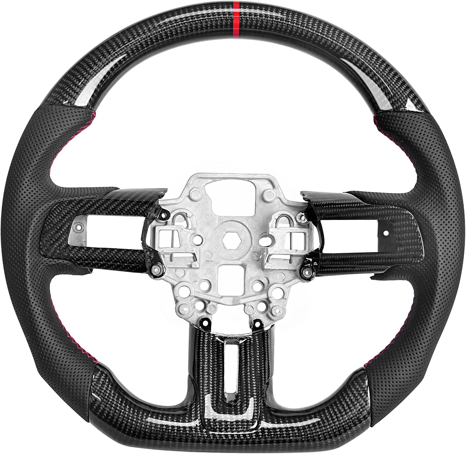 Carbon Fiber Mustang Steering Wheel - EcoBoost/GT/Shelby GT350/GT350R 2015-2017, D-shaped Flat-bottom Nappa Perforated Leather Grip with Replacement Trim - Image 25