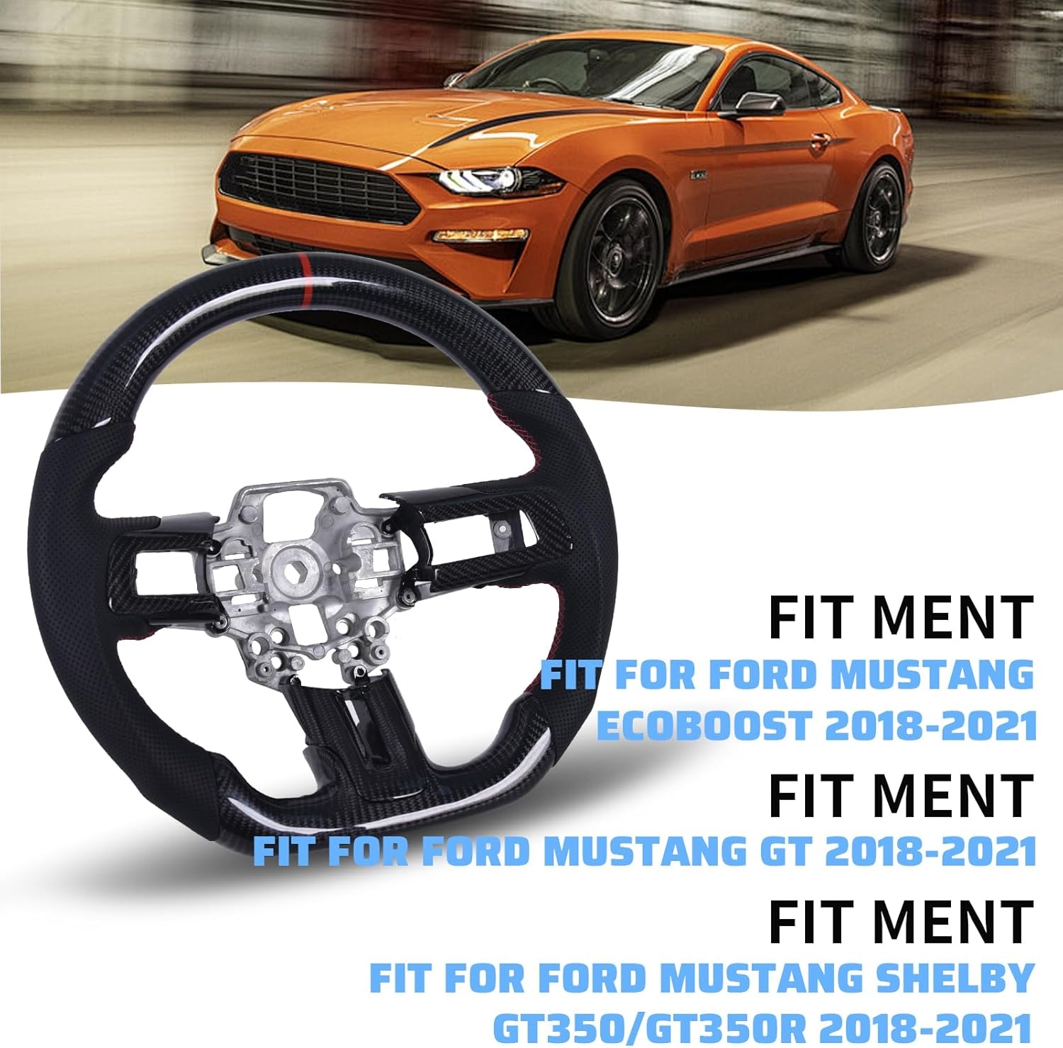 Carbon Fiber Mustang Steering Wheel - EcoBoost/GT/Shelby GT350/GT350R 2015-2017, D-shaped Flat-bottom Nappa Perforated Leather Grip with Replacement Trim - Image 26