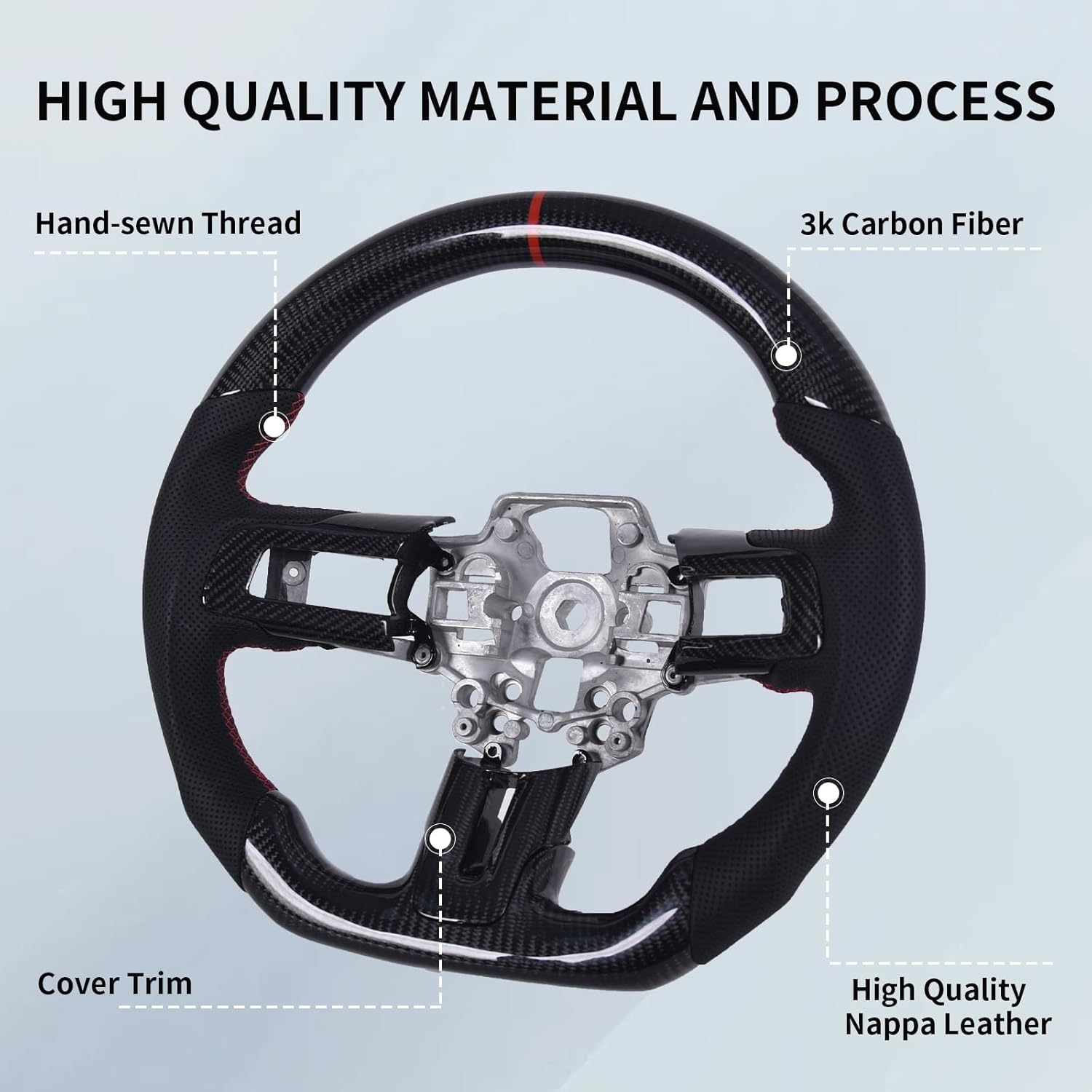 Carbon Fiber Mustang Steering Wheel - EcoBoost/GT/Shelby GT350/GT350R 2015-2017, D-shaped Flat-bottom Nappa Perforated Leather Grip with Replacement Trim - Image 27