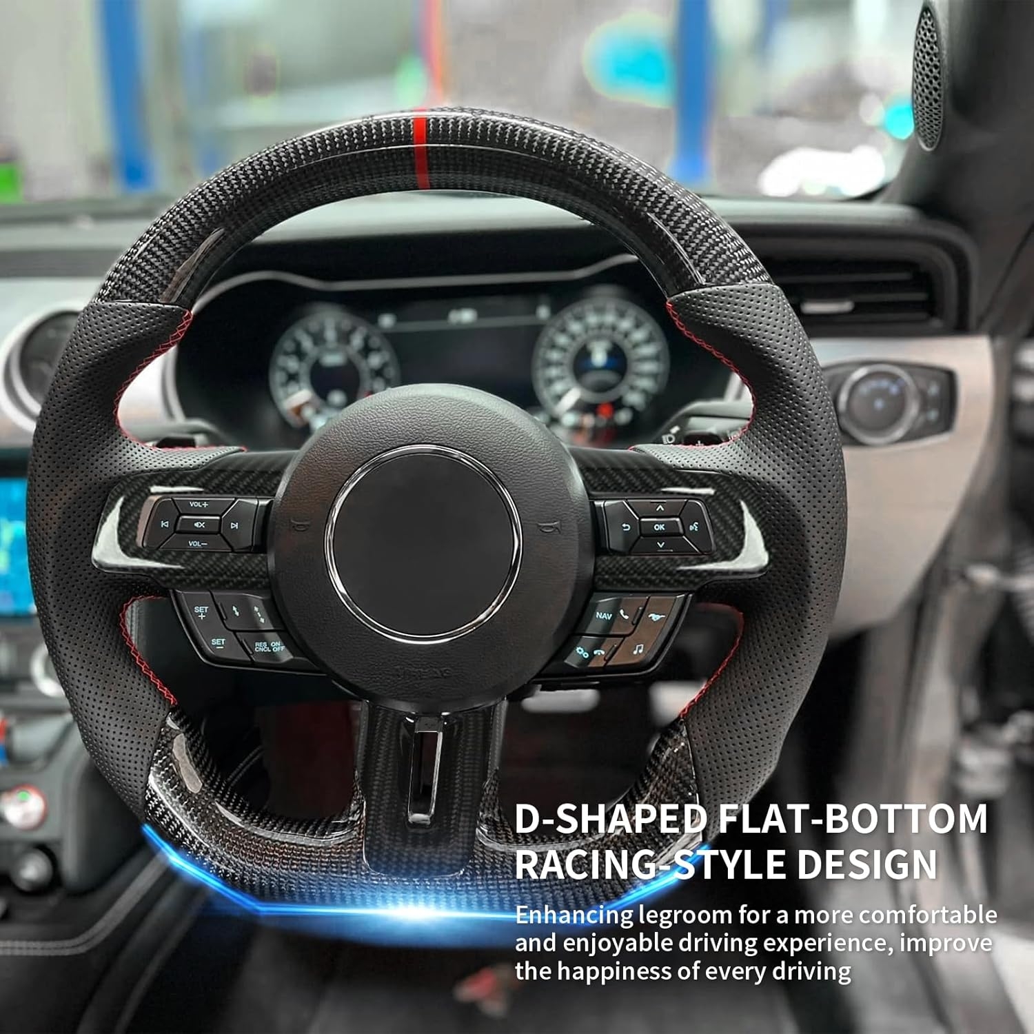 Carbon Fiber Mustang Steering Wheel - EcoBoost/GT/Shelby GT350/GT350R 2015-2017, D-shaped Flat-bottom Nappa Perforated Leather Grip with Replacement Trim - Image 28