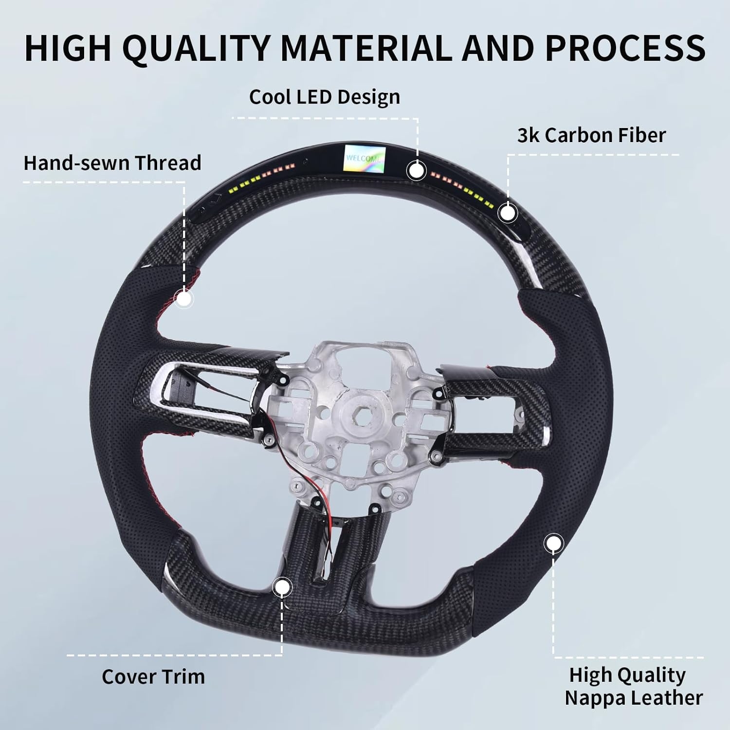 Carbon Fiber Mustang Steering Wheel - EcoBoost/GT/Shelby GT350/GT350R 2015-2017, D-shaped Flat-bottom Nappa Perforated Leather Grip with Replacement Trim - Image 34