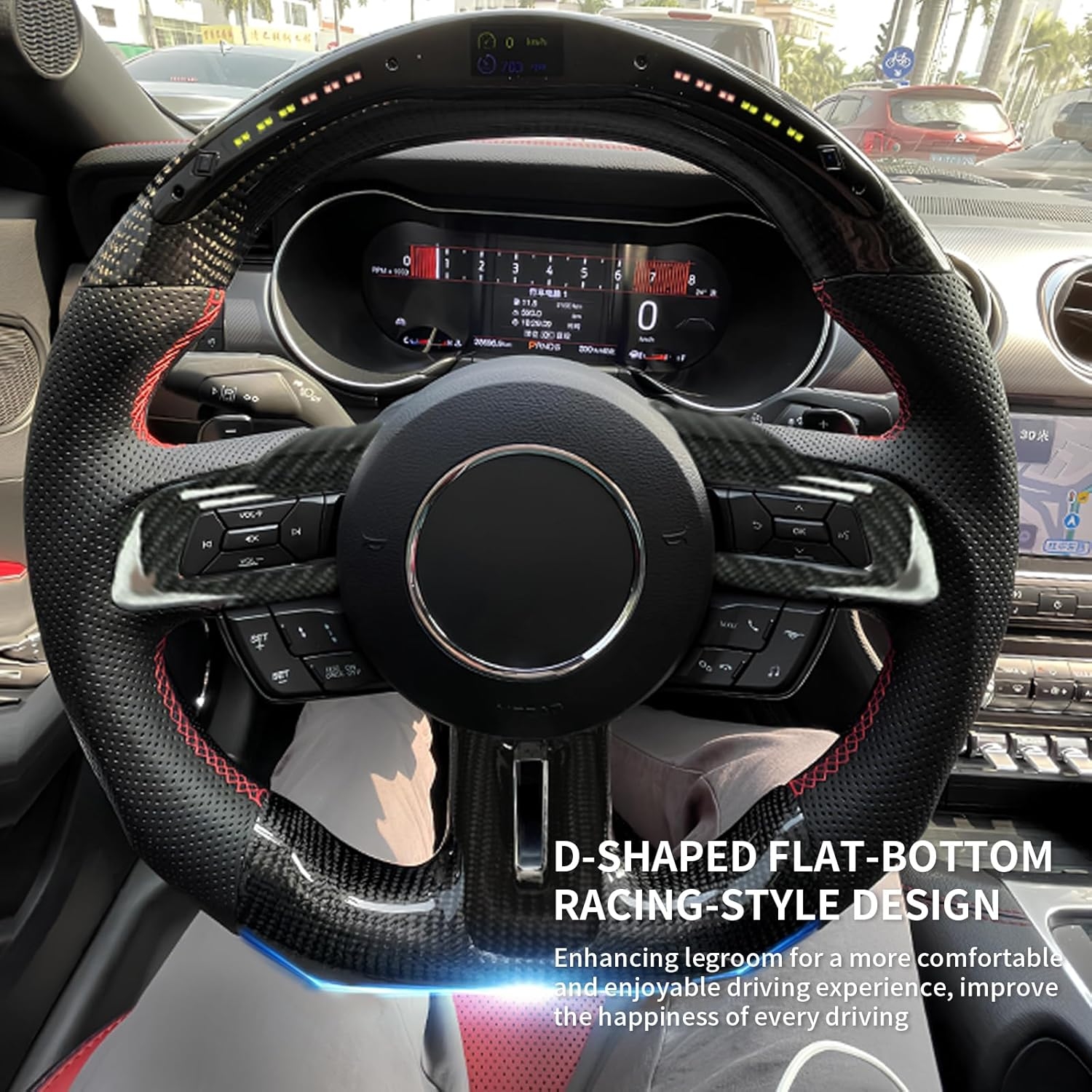 Carbon Fiber Mustang Steering Wheel - EcoBoost/GT/Shelby GT350/GT350R 2015-2017, D-shaped Flat-bottom Nappa Perforated Leather Grip with Replacement Trim - Image 36