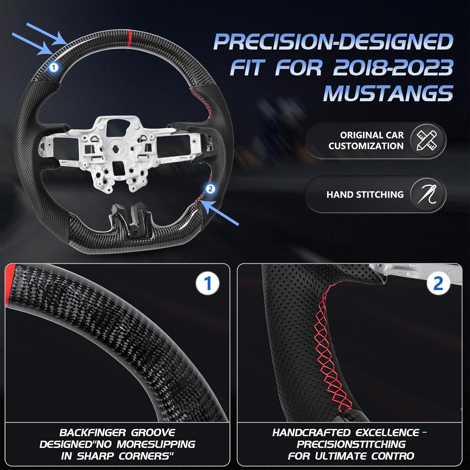 Carbon Fiber Mustang Steering Wheel - EcoBoost/GT/Shelby GT350/GT350R 2015-2017, D-shaped Flat-bottom Nappa Perforated Leather Grip with Replacement Trim - Image 41