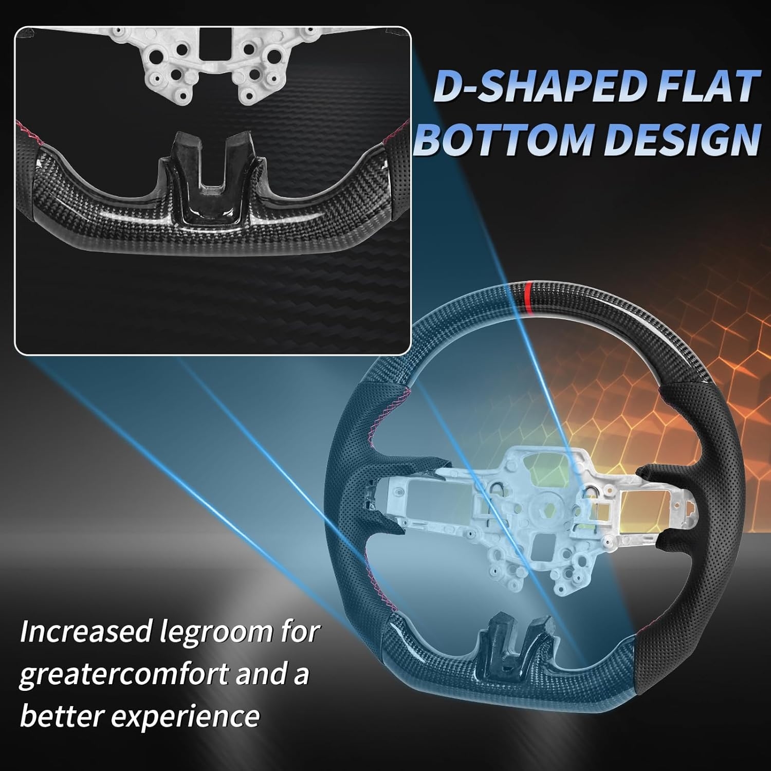 Carbon Fiber Mustang Steering Wheel - EcoBoost/GT/Shelby GT350/GT350R 2015-2017, D-shaped Flat-bottom Nappa Perforated Leather Grip with Replacement Trim - Image 42