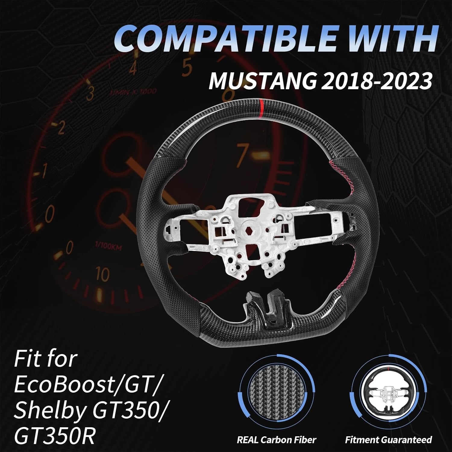 Carbon Fiber Mustang Steering Wheel - EcoBoost/GT/Shelby GT350/GT350R 2015-2017, D-shaped Flat-bottom Nappa Perforated Leather Grip with Replacement Trim - Image 43