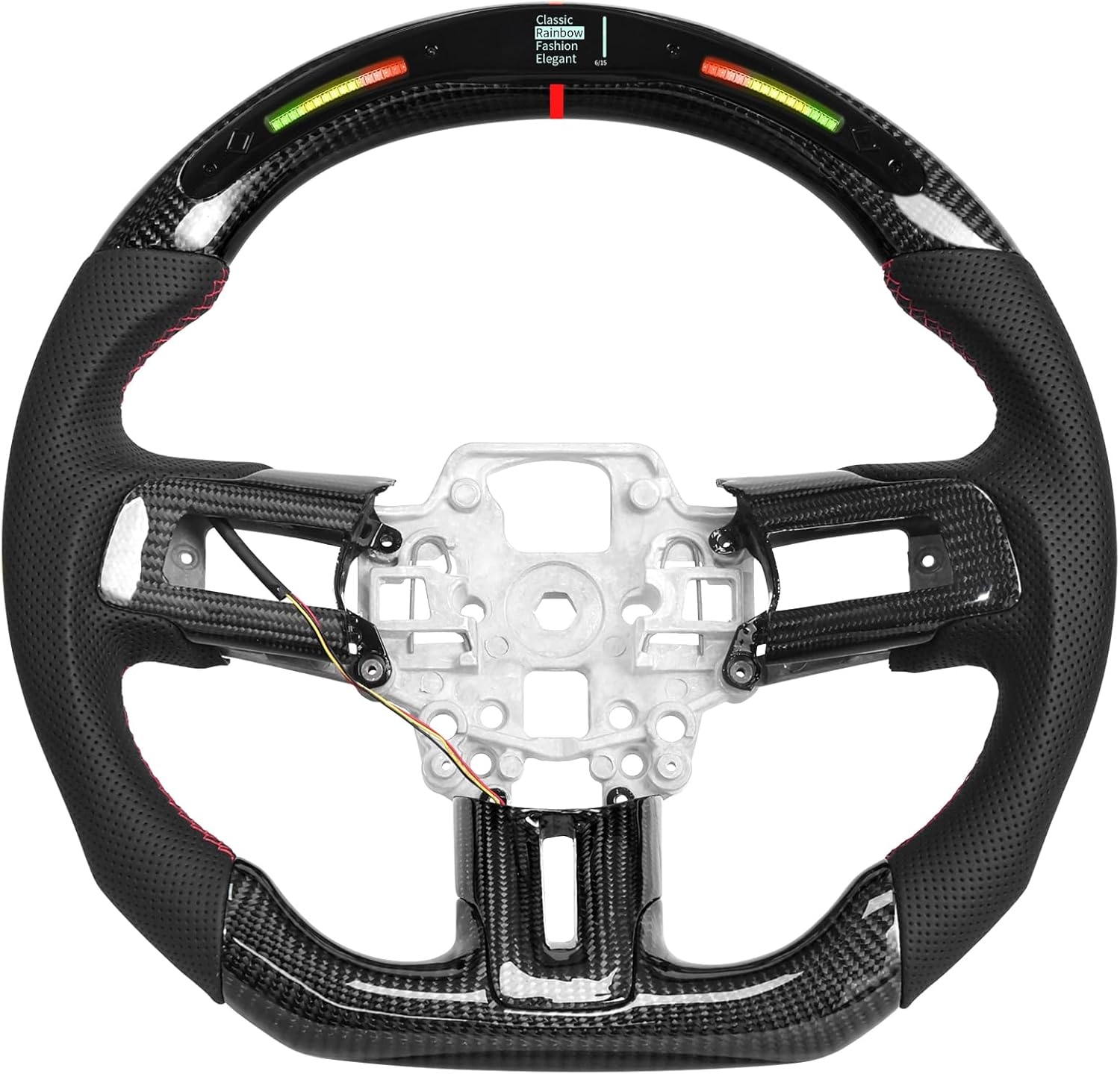 Carbon Fiber LED Mustang Steering Wheel- EcoBoost/GT/Shelby GT350/GT350R 2018-2023, LED Shift Indicator Racing Display, D-shaped Flat-bottom Perforated Leather Grip with Replacement Trim