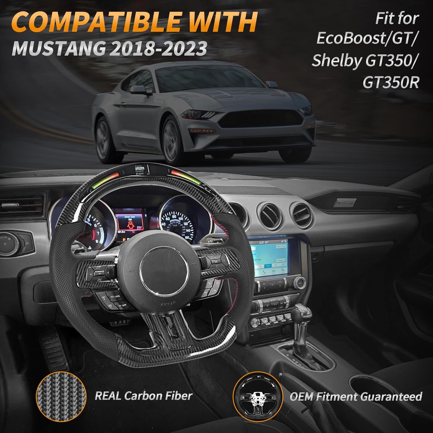Carbon Fiber LED Mustang Steering Wheel- EcoBoost/GT/Shelby GT350/GT350R 2018-2023, LED Shift Indicator Racing Display, D-shaped Flat-bottom Perforated Leather Grip with Replacement Trim - Image 2
