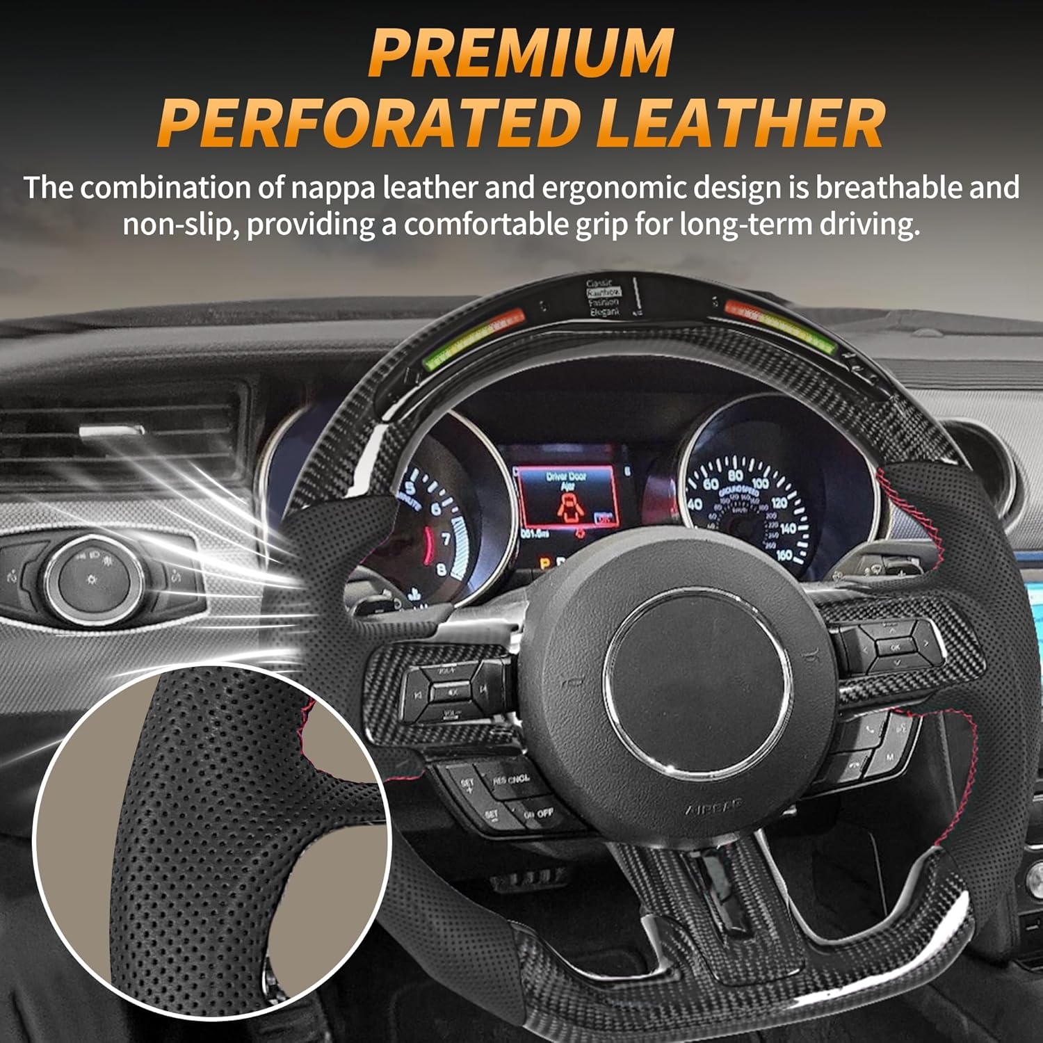 Carbon Fiber LED Mustang Steering Wheel- EcoBoost/GT/Shelby GT350/GT350R 2018-2023, LED Shift Indicator Racing Display, D-shaped Flat-bottom Perforated Leather Grip with Replacement Trim - Image 4