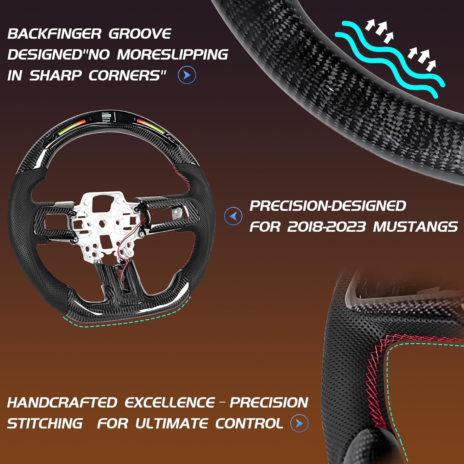 Carbon Fiber LED Mustang Steering Wheel- EcoBoost/GT/Shelby GT350/GT350R 2018-2023, LED Shift Indicator Racing Display, D-shaped Flat-bottom Perforated Leather Grip with Replacement Trim - Image 5