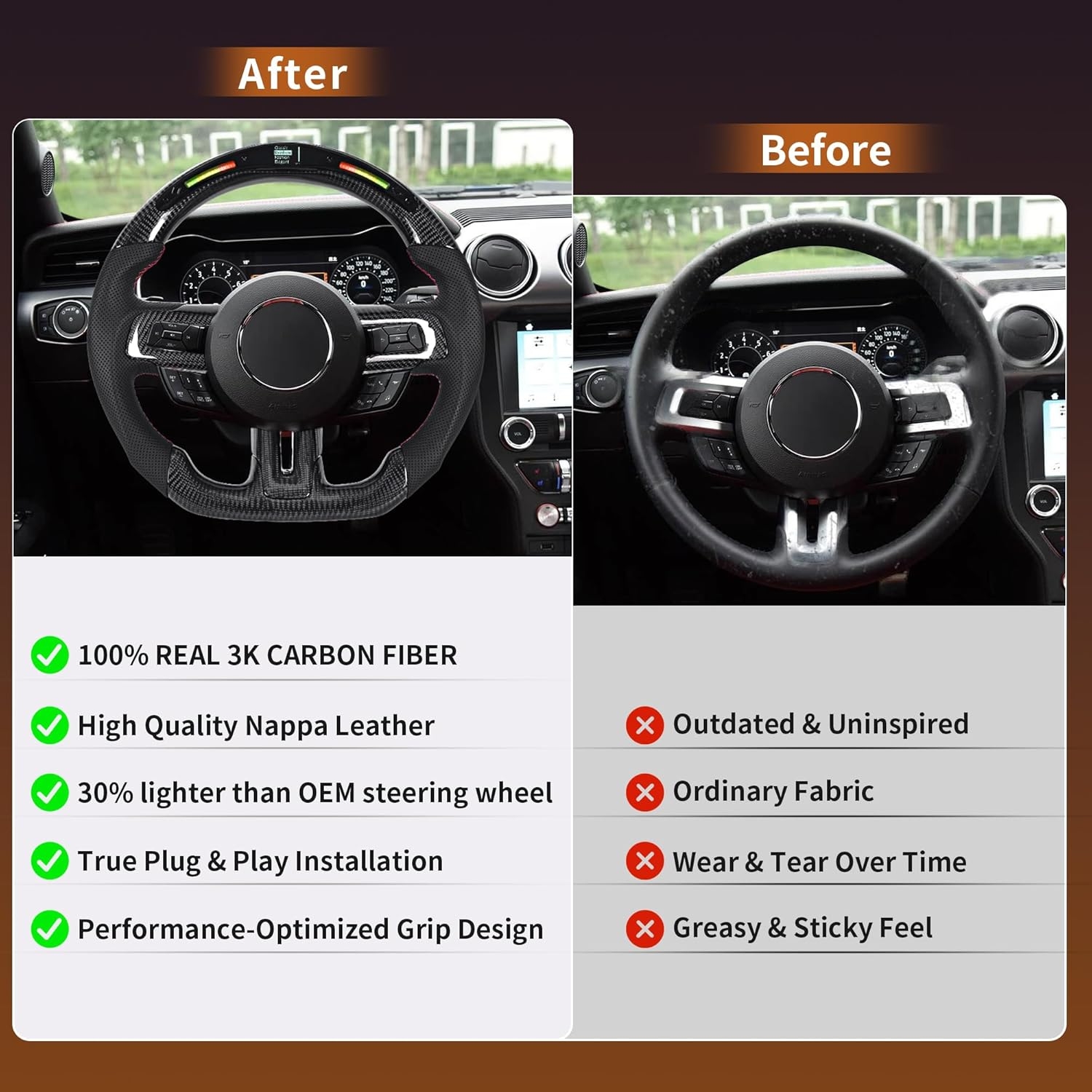 Carbon Fiber LED Mustang Steering Wheel- EcoBoost/GT/Shelby GT350/GT350R 2018-2023, LED Shift Indicator Racing Display, D-shaped Flat-bottom Perforated Leather Grip with Replacement Trim - Image 7