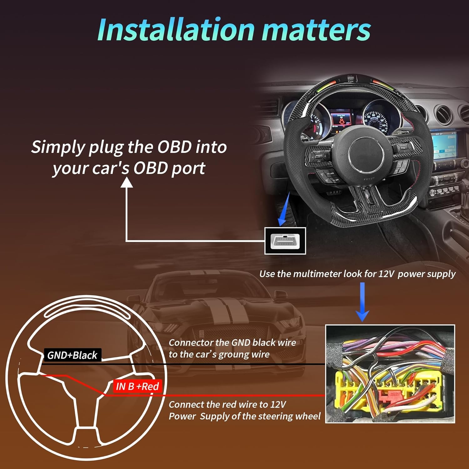 Carbon Fiber LED Mustang Steering Wheel- EcoBoost/GT/Shelby GT350/GT350R 2018-2023, LED Shift Indicator Racing Display, D-shaped Flat-bottom Perforated Leather Grip with Replacement Trim - Image 8