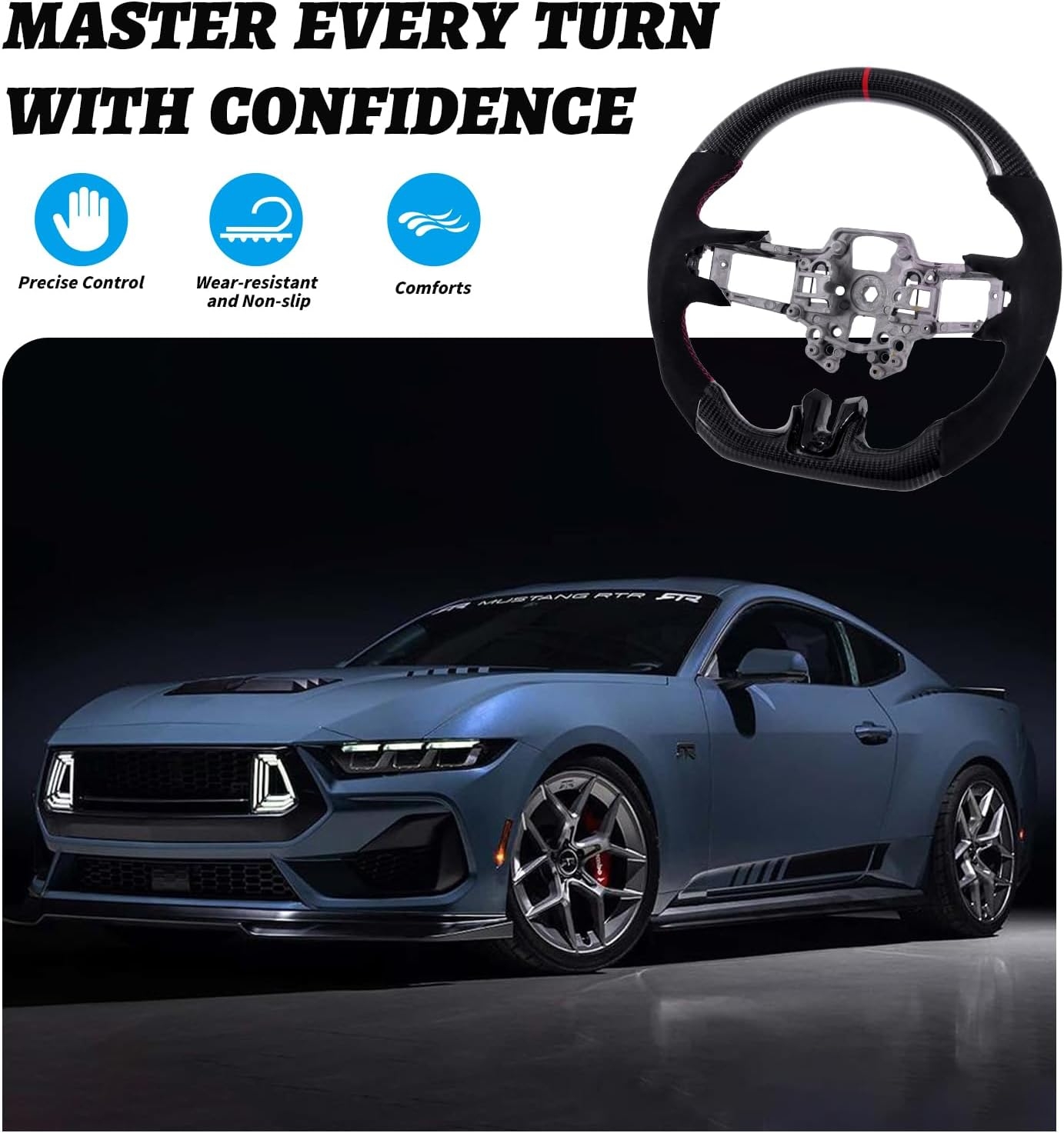 Carbon Fiber LED Mustang Steering Wheel- EcoBoost/GT/Shelby GT350/GT350R 2018-2023, LED Shift Indicator Racing Display, D-shaped Flat-bottom Perforated Leather Grip with Replacement Trim - Image 13