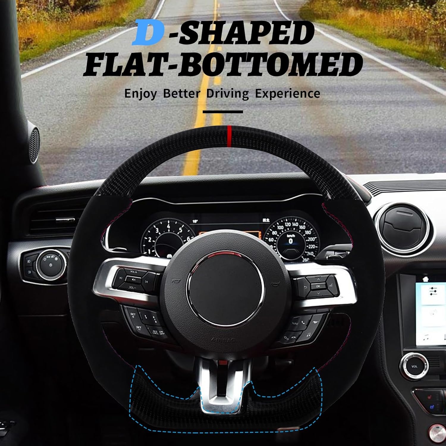 Carbon Fiber LED Mustang Steering Wheel- EcoBoost/GT/Shelby GT350/GT350R 2018-2023, LED Shift Indicator Racing Display, D-shaped Flat-bottom Perforated Leather Grip with Replacement Trim - Image 14