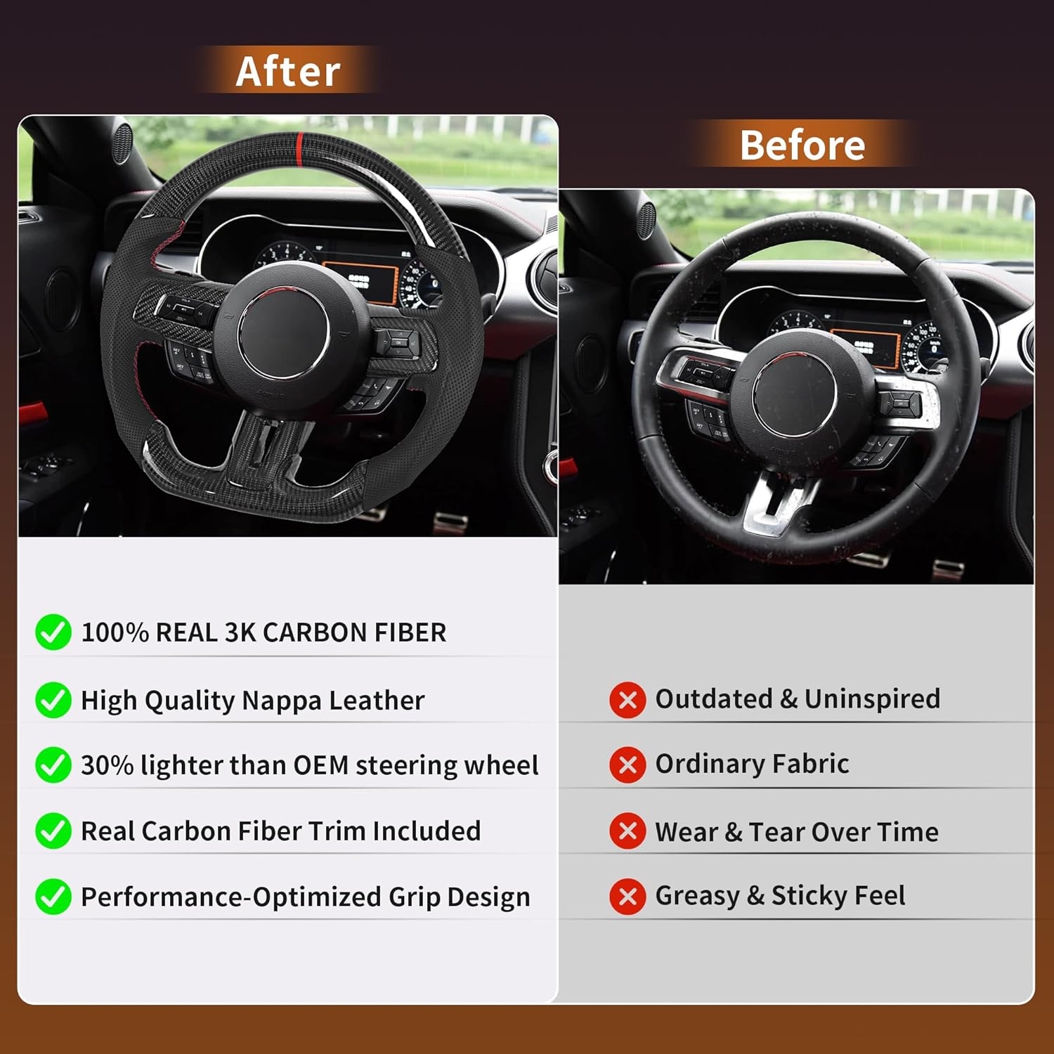 Carbon Fiber LED Mustang Steering Wheel- EcoBoost/GT/Shelby GT350/GT350R 2018-2023, LED Shift Indicator Racing Display, D-shaped Flat-bottom Perforated Leather Grip with Replacement Trim - Image 23