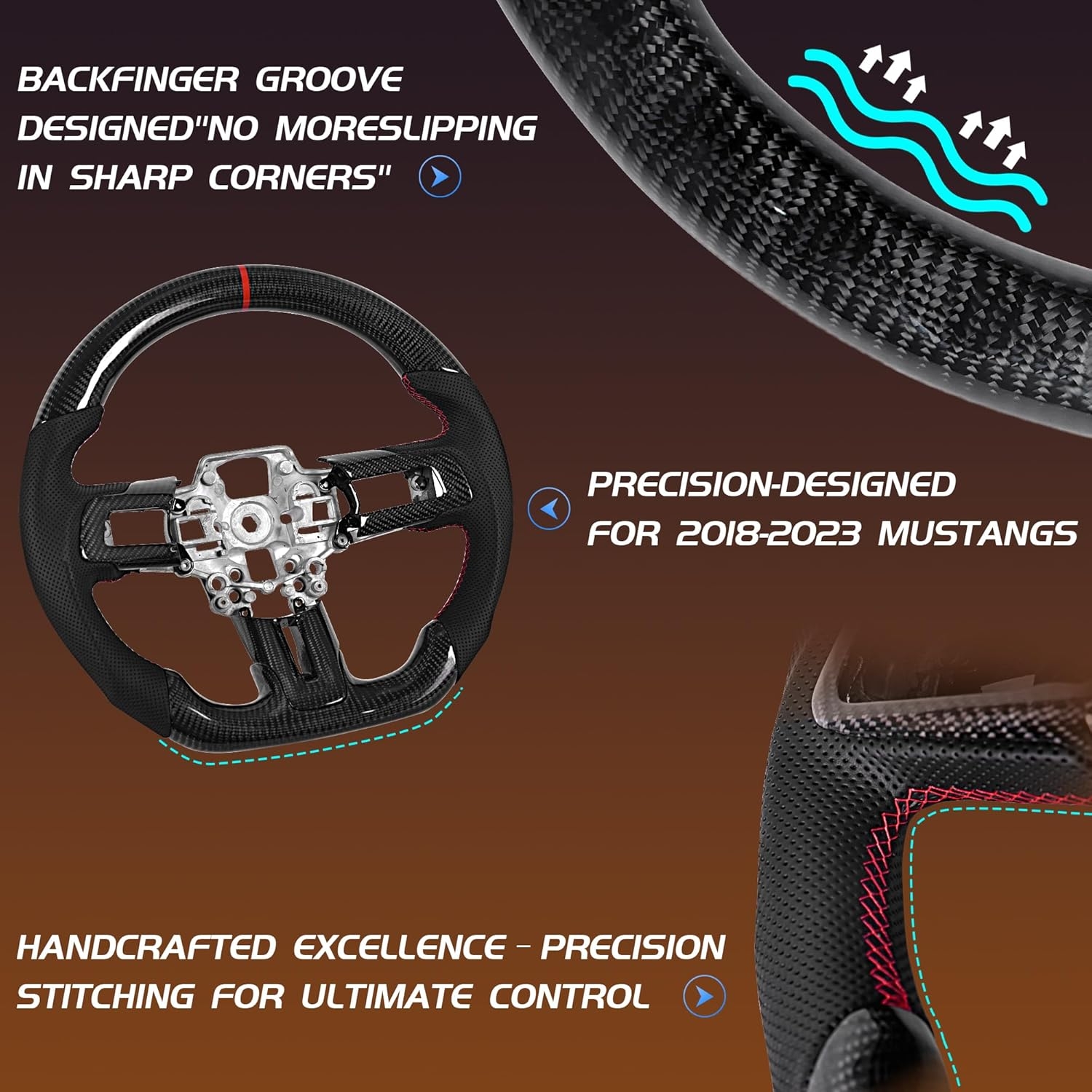 Carbon Fiber LED Mustang Steering Wheel- EcoBoost/GT/Shelby GT350/GT350R 2018-2023, LED Shift Indicator Racing Display, D-shaped Flat-bottom Perforated Leather Grip with Replacement Trim - Image 25