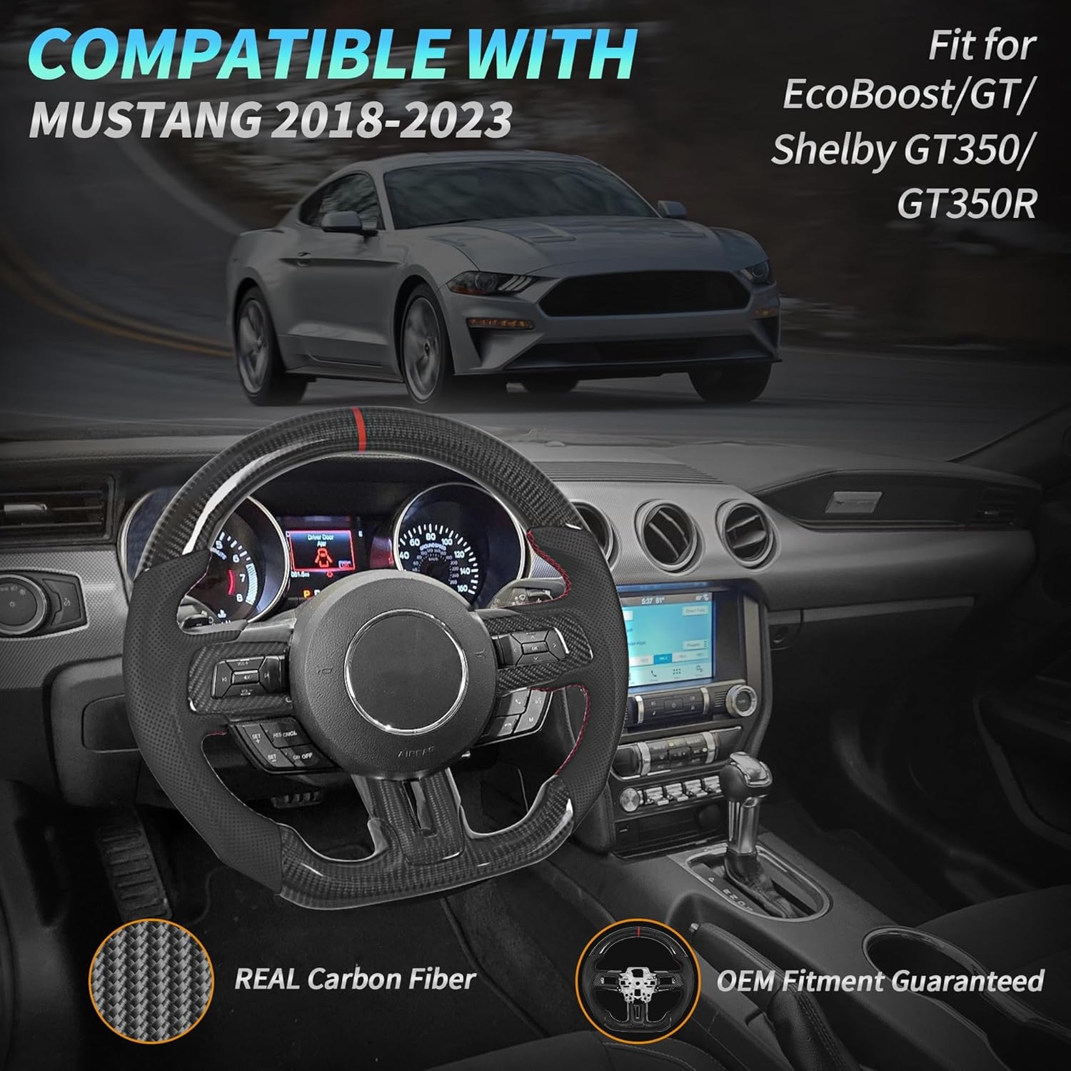 Carbon Fiber LED Mustang Steering Wheel- EcoBoost/GT/Shelby GT350/GT350R 2018-2023, LED Shift Indicator Racing Display, D-shaped Flat-bottom Perforated Leather Grip with Replacement Trim - Image 27