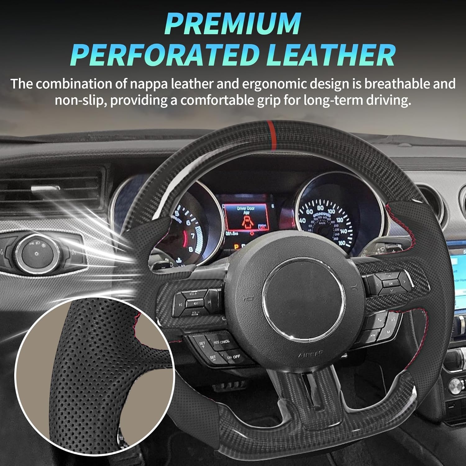 Carbon Fiber LED Mustang Steering Wheel- EcoBoost/GT/Shelby GT350/GT350R 2018-2023, LED Shift Indicator Racing Display, D-shaped Flat-bottom Perforated Leather Grip with Replacement Trim - Image 28