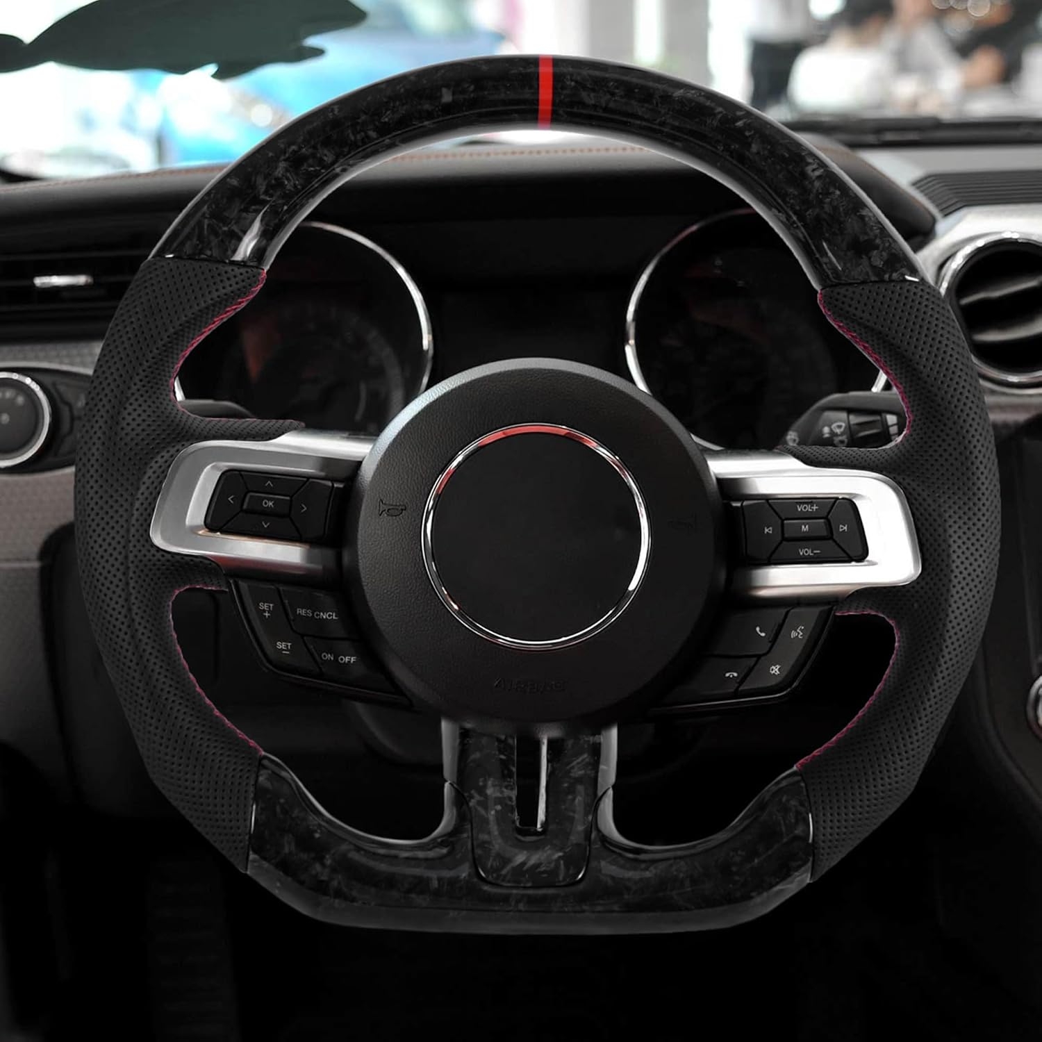 Carbon Fiber LED Mustang Steering Wheel- EcoBoost/GT/Shelby GT350/GT350R 2018-2023, LED Shift Indicator Racing Display, D-shaped Flat-bottom Perforated Leather Grip with Replacement Trim - Image 30