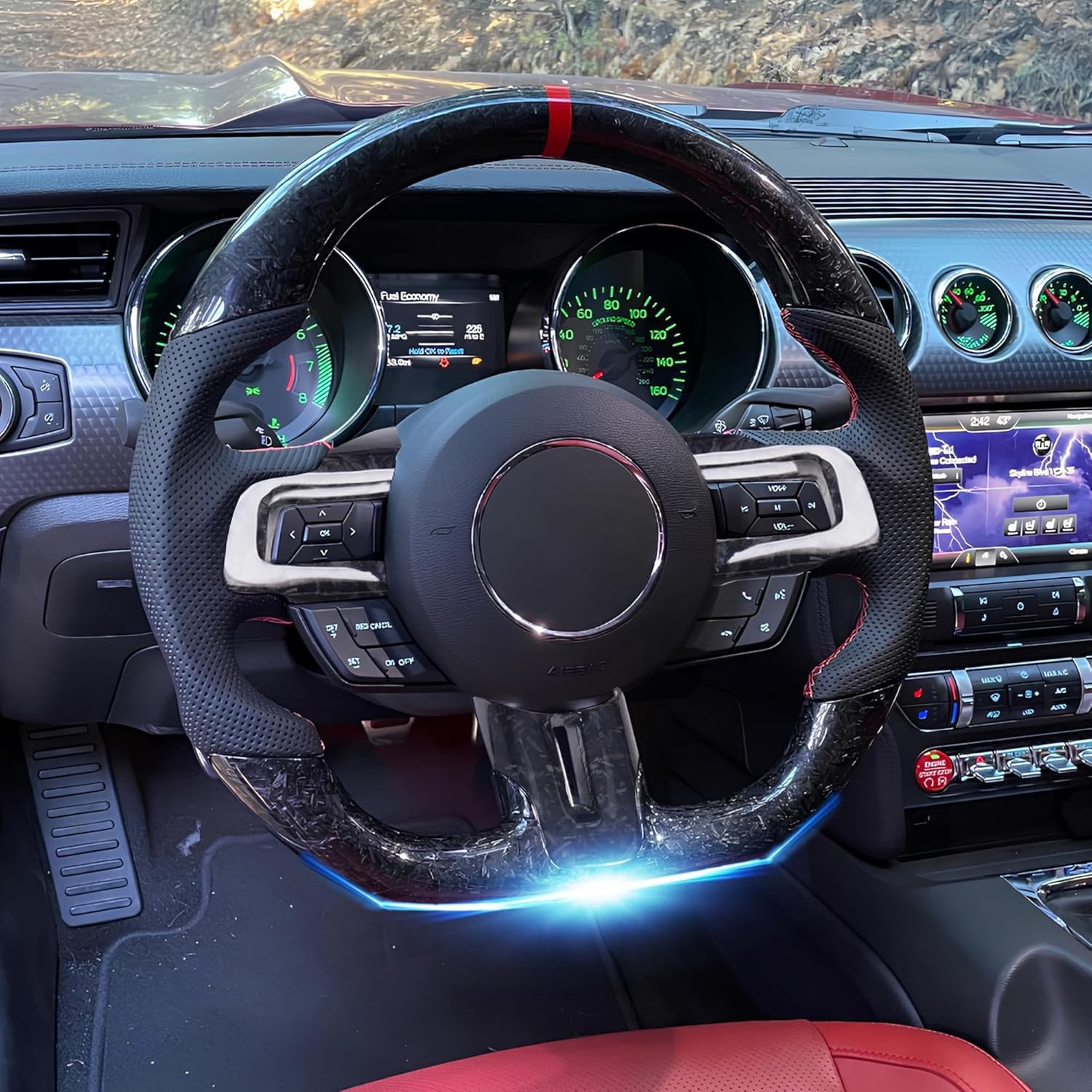 Carbon Fiber LED Mustang Steering Wheel- EcoBoost/GT/Shelby GT350/GT350R 2018-2023, LED Shift Indicator Racing Display, D-shaped Flat-bottom Perforated Leather Grip with Replacement Trim - Image 32