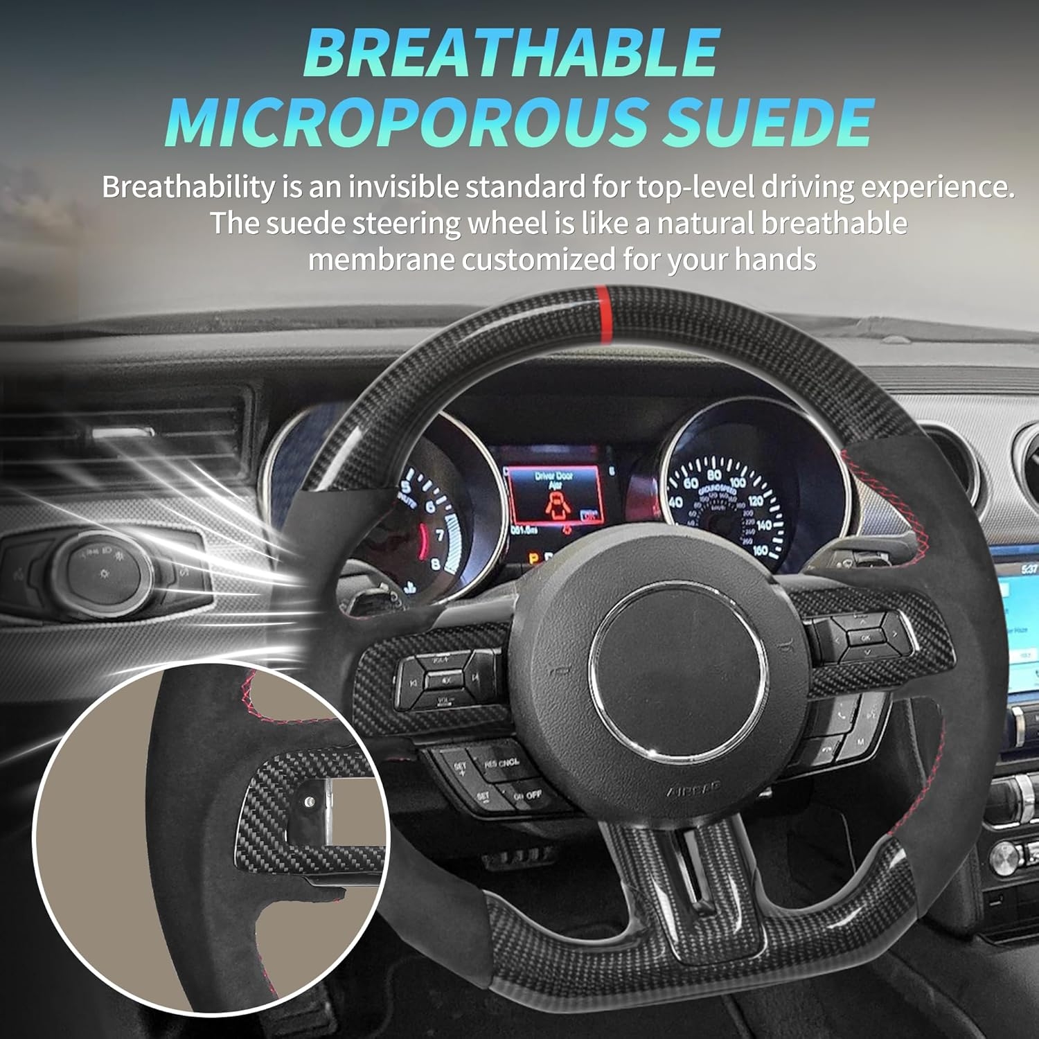 Carbon Fiber LED Mustang Steering Wheel- EcoBoost/GT/Shelby GT350/GT350R 2018-2023, LED Shift Indicator Racing Display, D-shaped Flat-bottom Perforated Leather Grip with Replacement Trim - Image 41