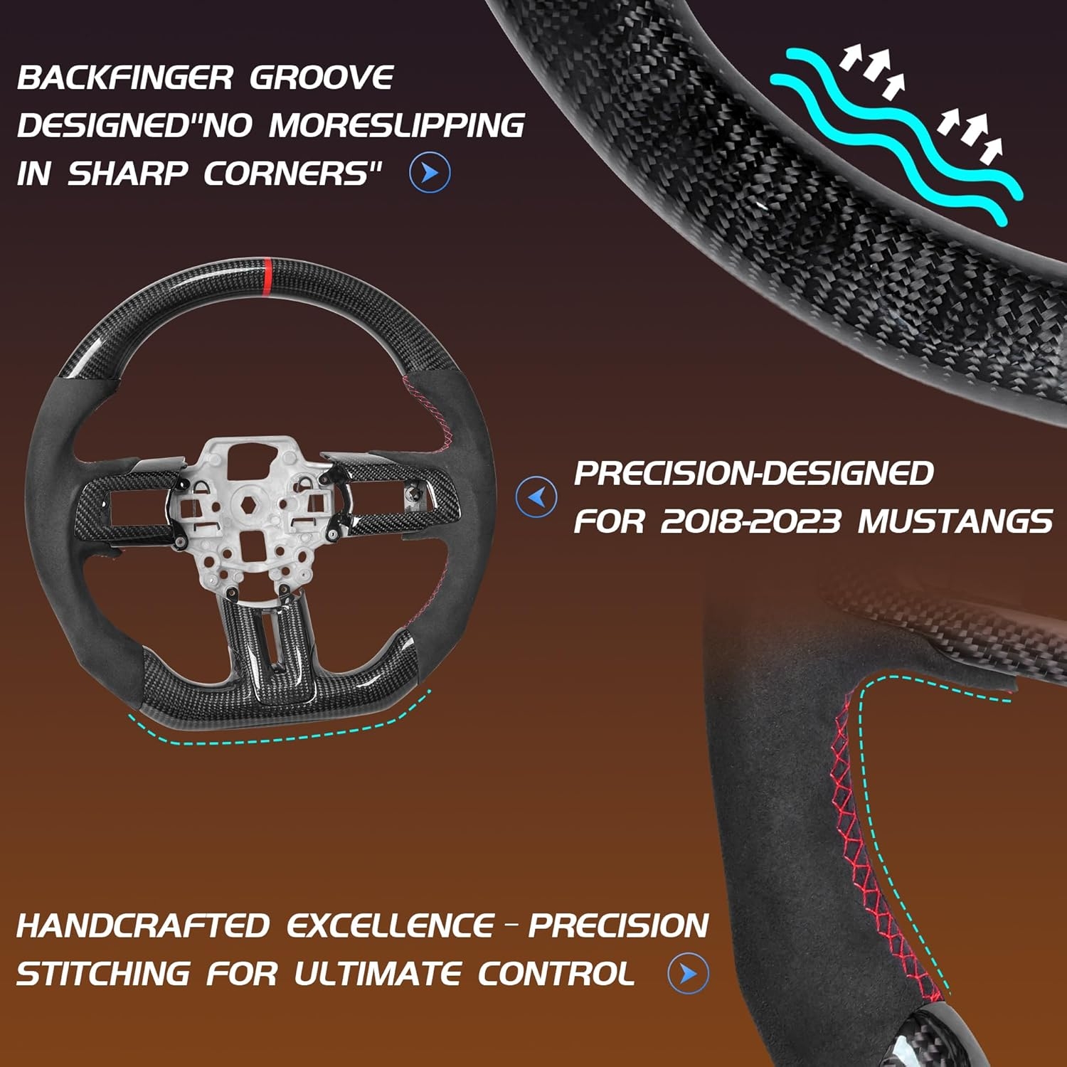 Carbon Fiber LED Mustang Steering Wheel- EcoBoost/GT/Shelby GT350/GT350R 2018-2023, LED Shift Indicator Racing Display, D-shaped Flat-bottom Perforated Leather Grip with Replacement Trim - Image 43